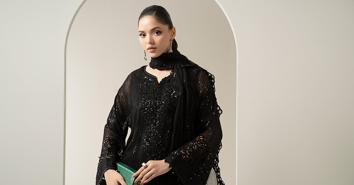 Black Embroidered Chiffon 3-Piece Suit (Eid) - Image 7