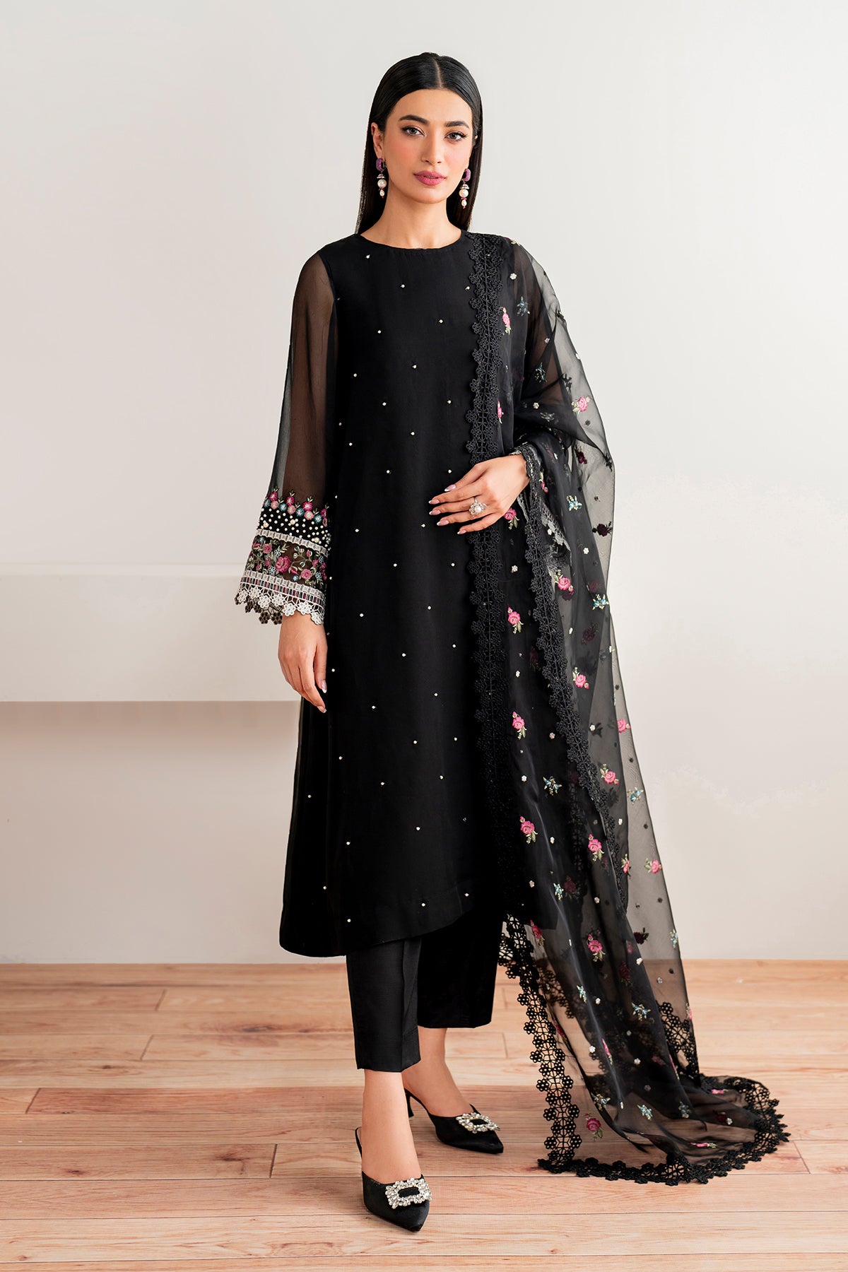 Pakistani Black Embroidered Chiffon 3-Piece Suit - Image 1