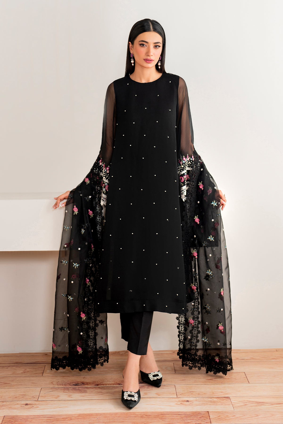 Pakistani Black Embroidered Chiffon 3-Piece Suit - Image 4