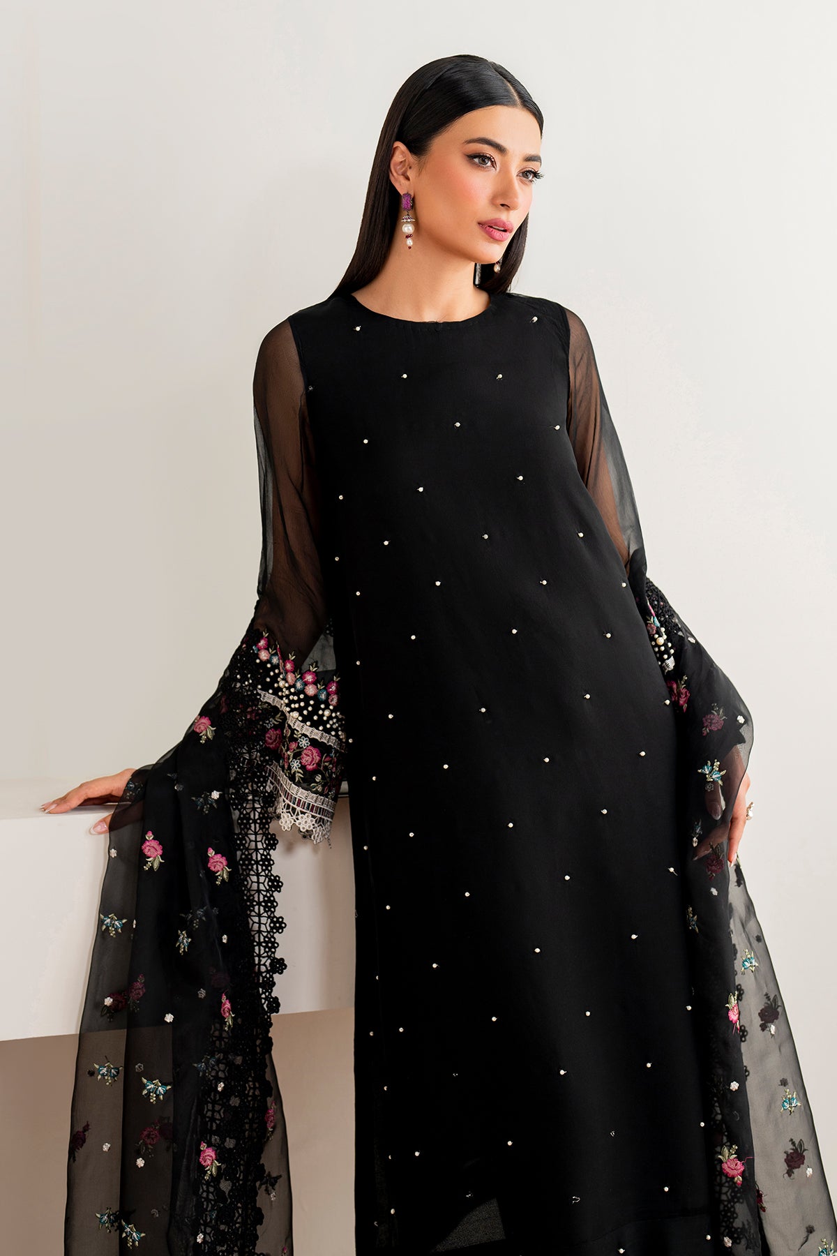 Pakistani Black Embroidered Chiffon 3-Piece Suit - Image 5