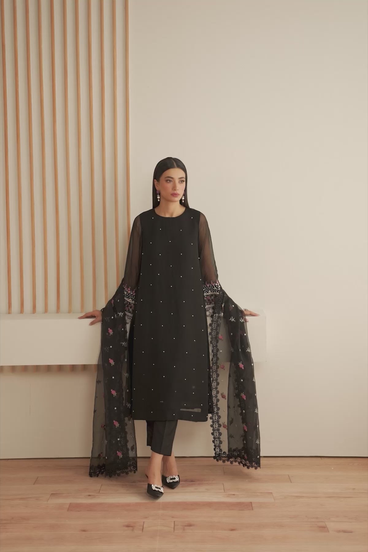 Pakistani Black Embroidered Chiffon 3-Piece Suit - Image 6