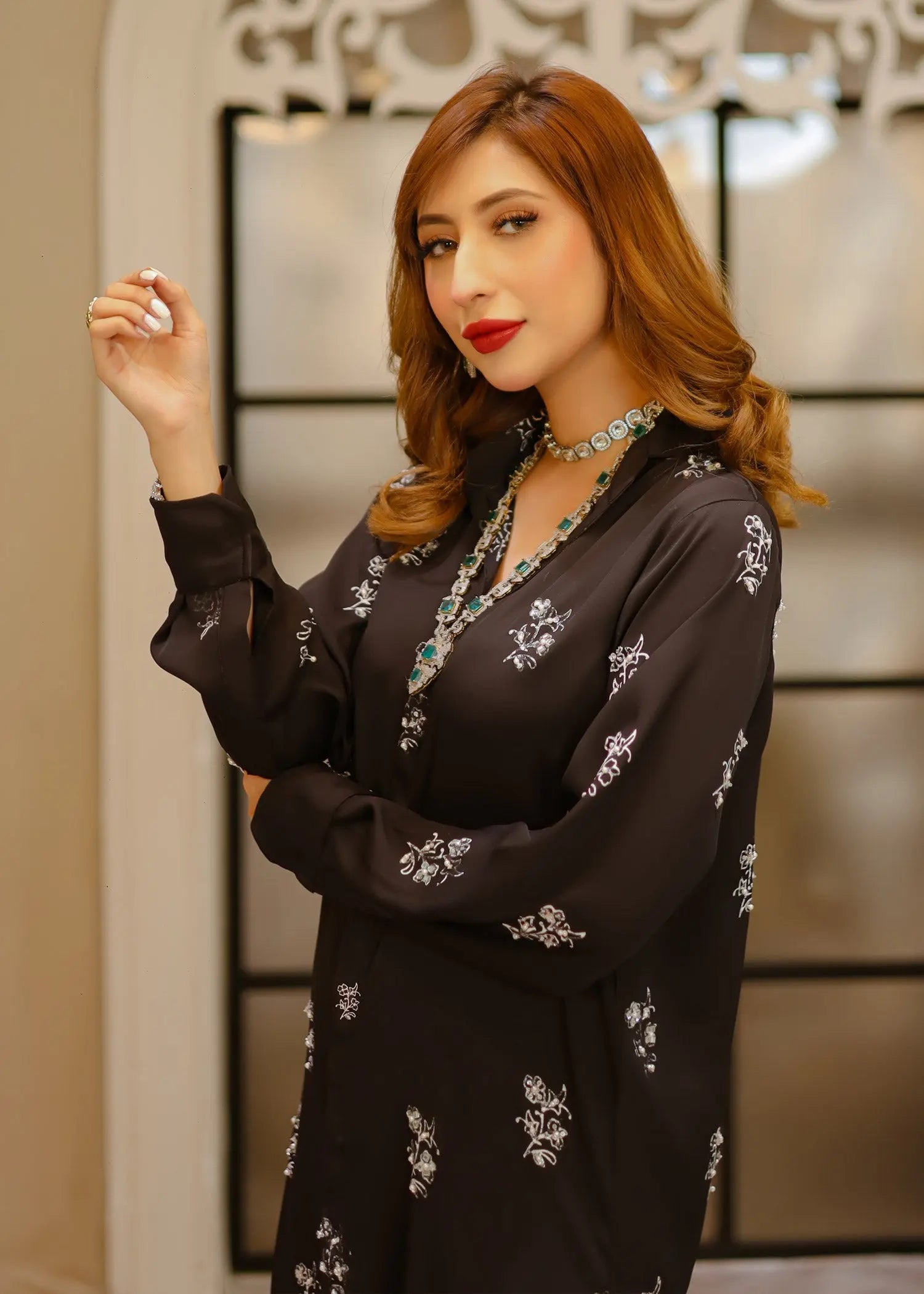 Pakistani Black Embellished Chiffon Kurta Set (2-Piece) - Image 5