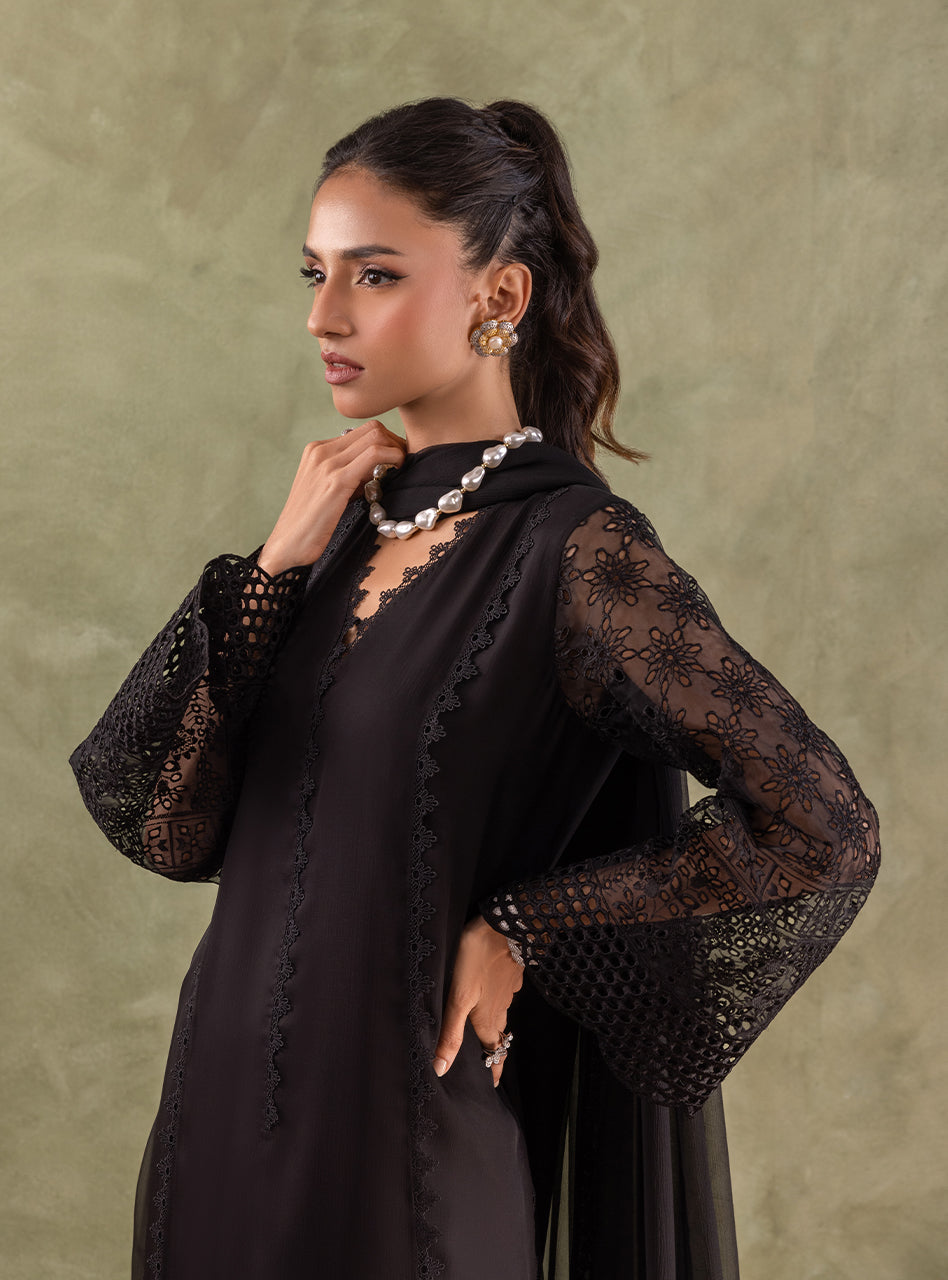 Black Chikankari Embroidered Chiffon Kameez (3-Piece) - Image 2