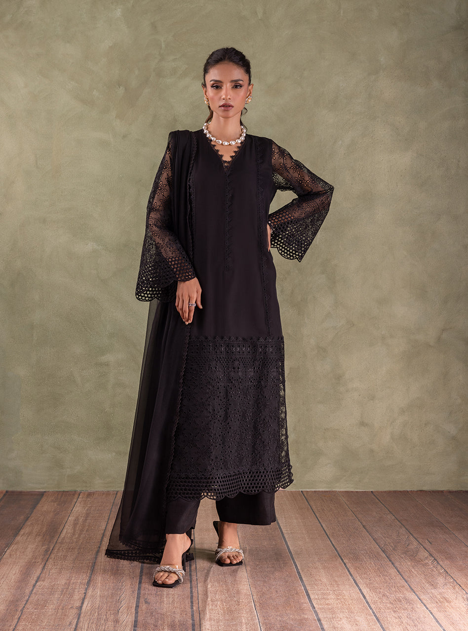Black Chikankari Embroidered Chiffon Kameez (3-Piece) - Image 3