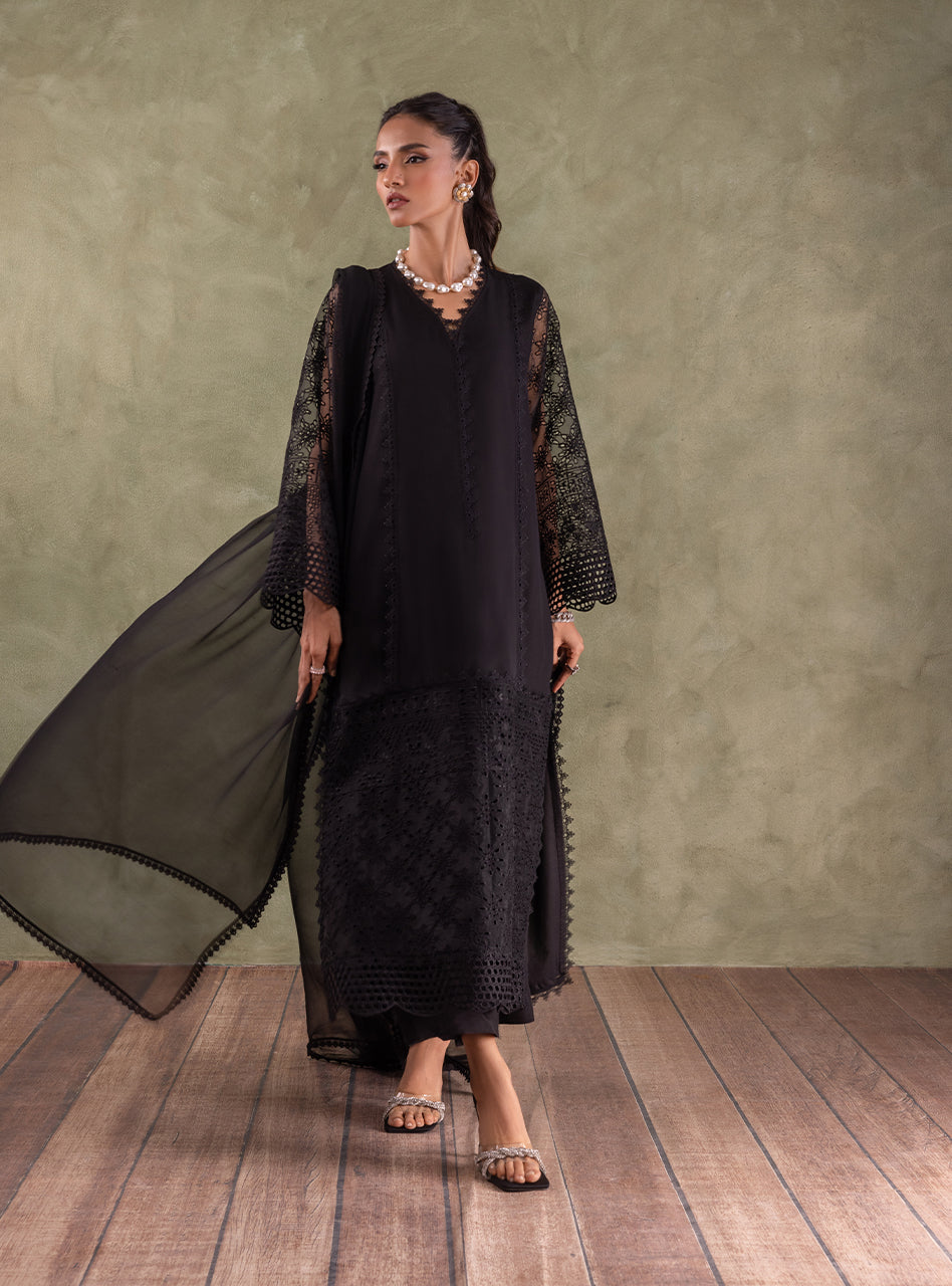 Black Chikankari Embroidered Chiffon Kameez (3-Piece) - Image 4
