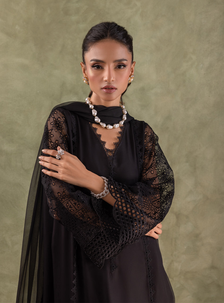 Black Chikankari Embroidered Chiffon Kameez (3-Piece) - Image 5