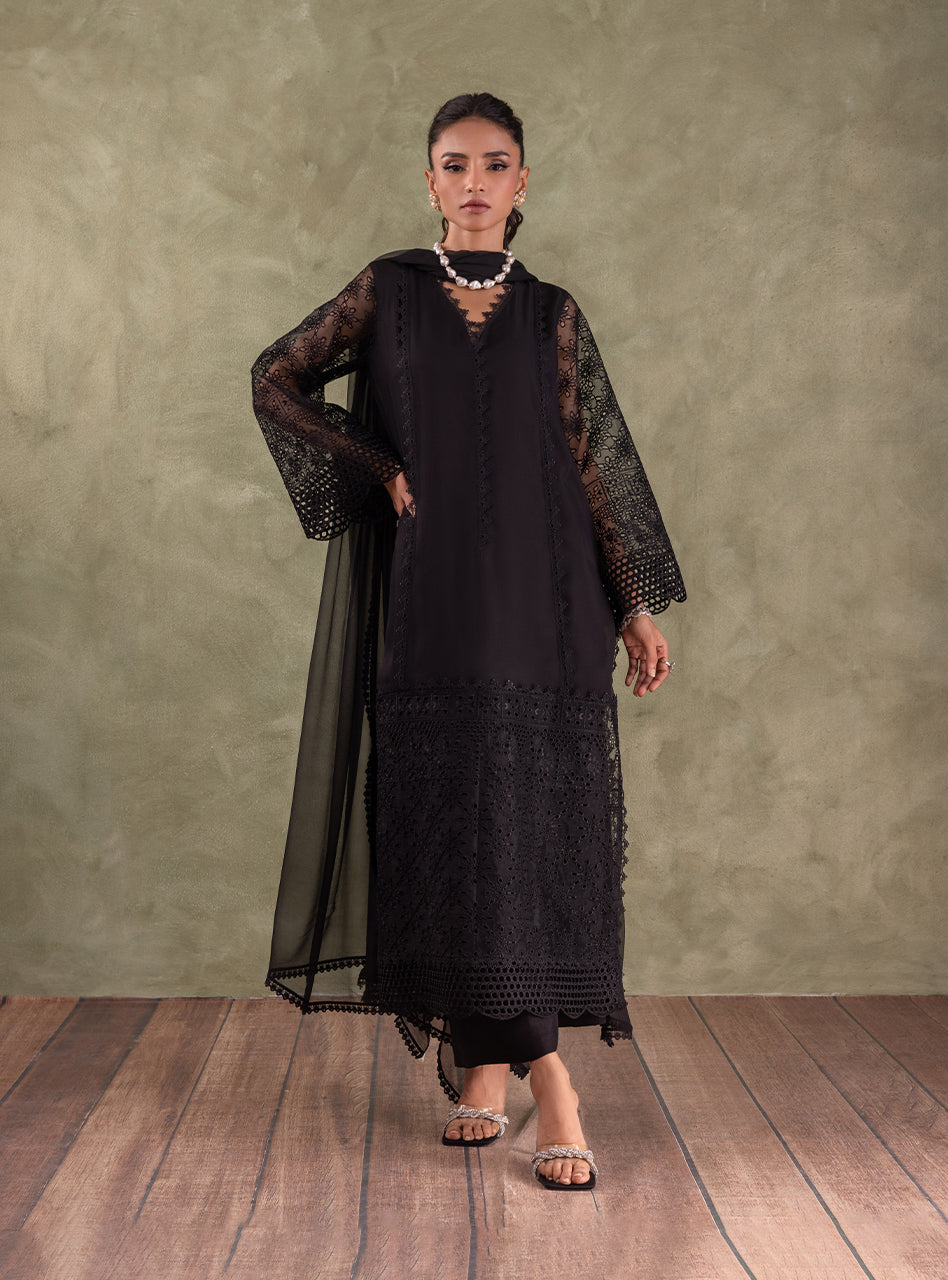 Black Chikankari Embroidered Chiffon Kameez (3-Piece) - Image 6