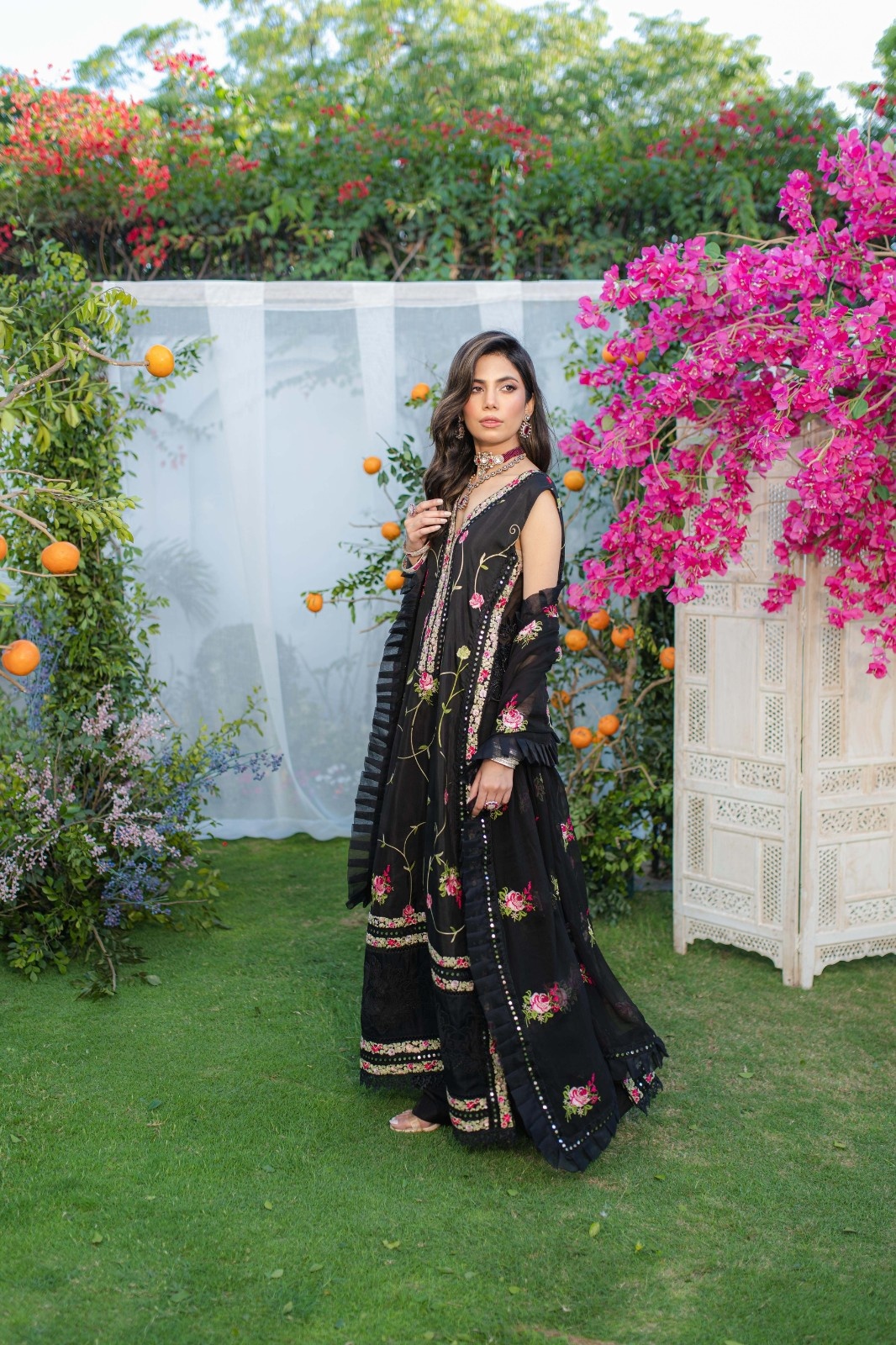 Pakistani Black Cross Stitch Embroidered Chiffon Salwar Kameez (3-Piece) - Image 6