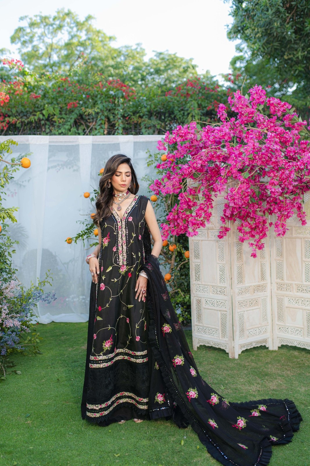 Pakistani Black Cross Stitch Embroidered Chiffon Salwar Kameez (3-Piece) - Image 8