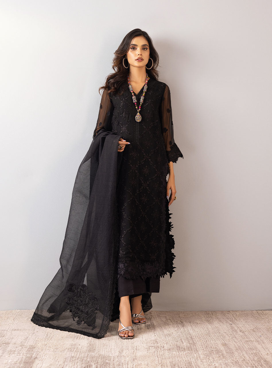 Black Embroidered Chiffon Organza Salwar Kameez (3-Piece) - Image 1