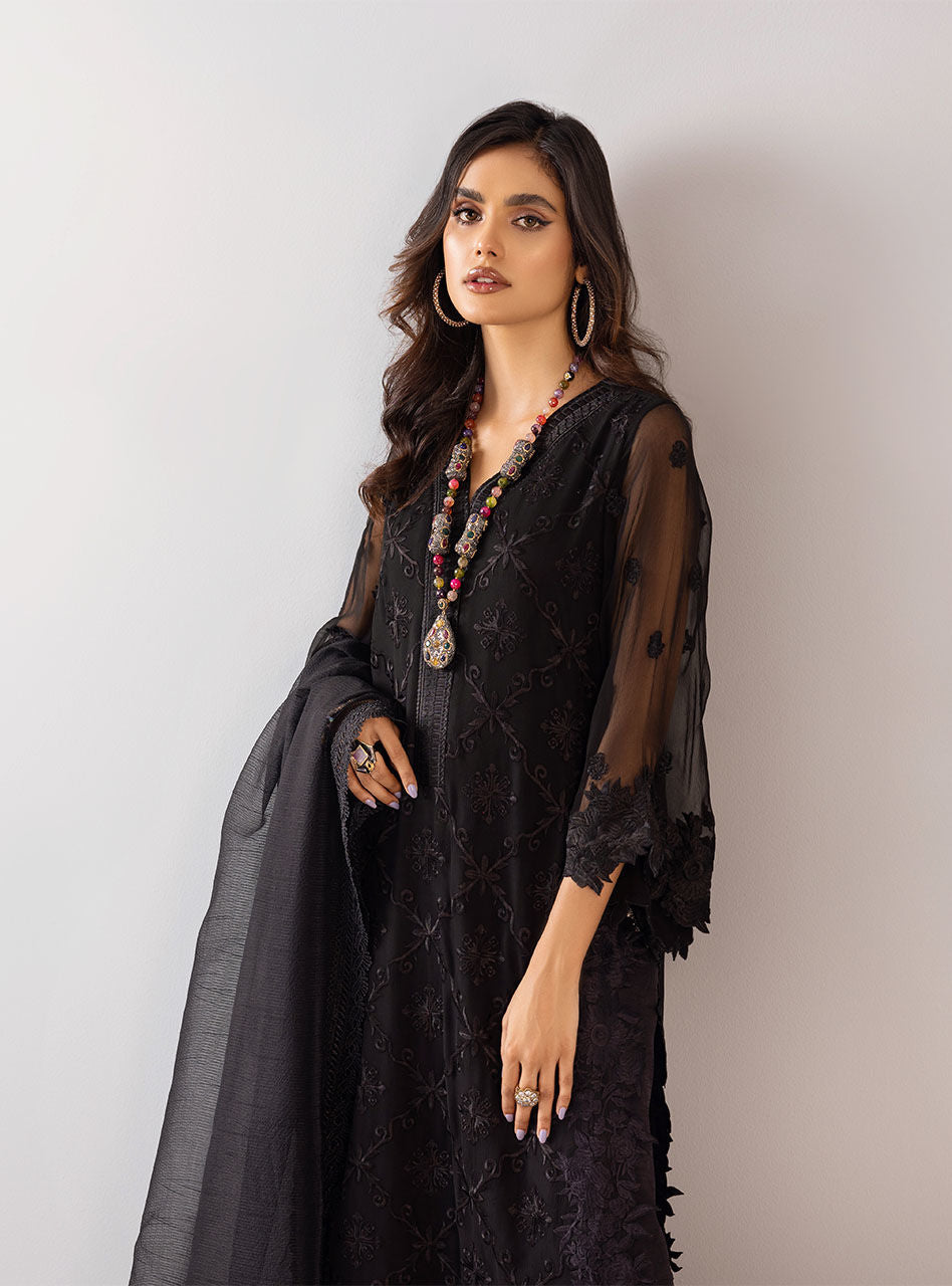 Black Embroidered Chiffon Organza Salwar Kameez (3-Piece) - Image 2