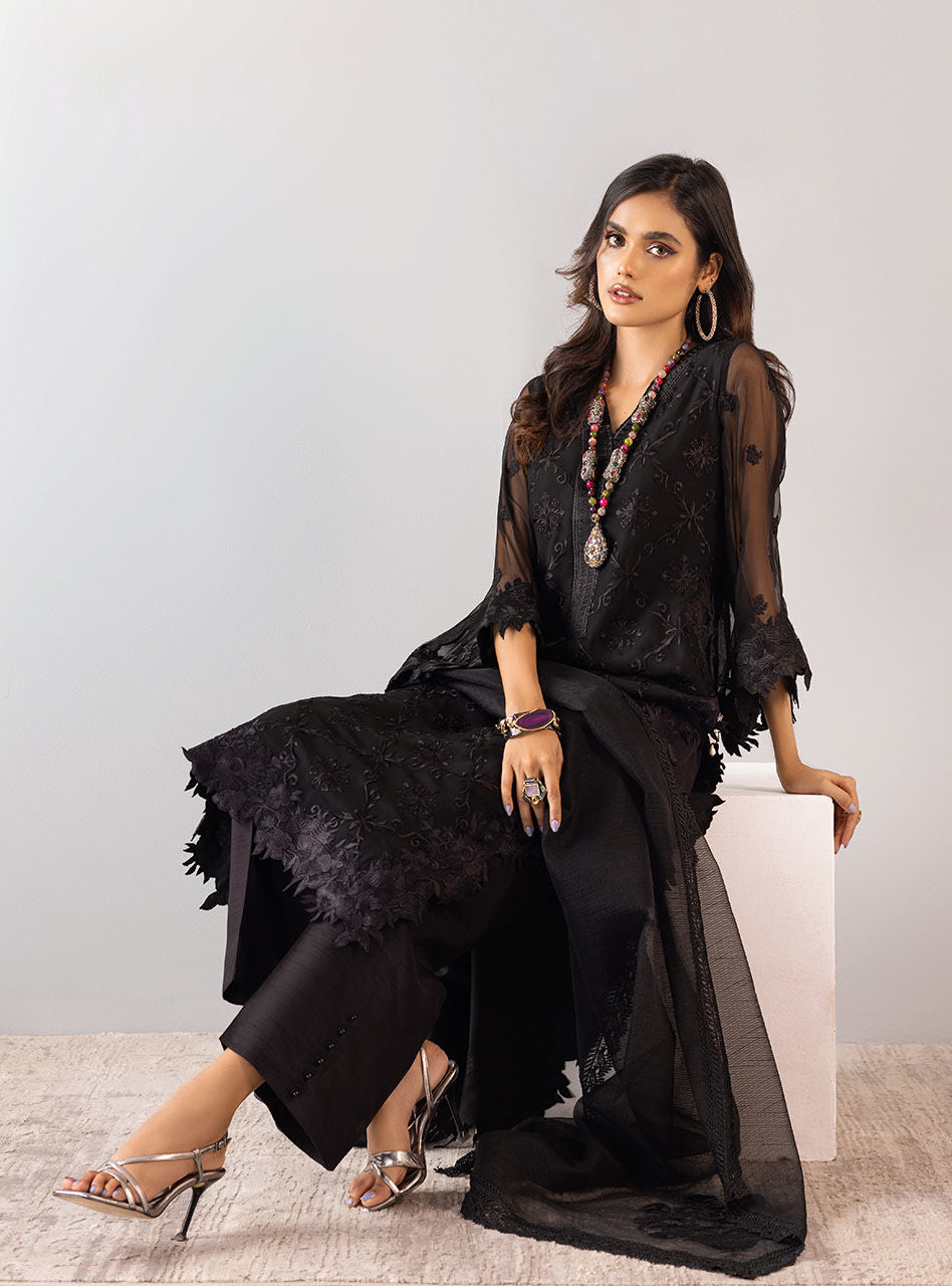 Black Embroidered Chiffon Organza Salwar Kameez (3-Piece) - Image 3