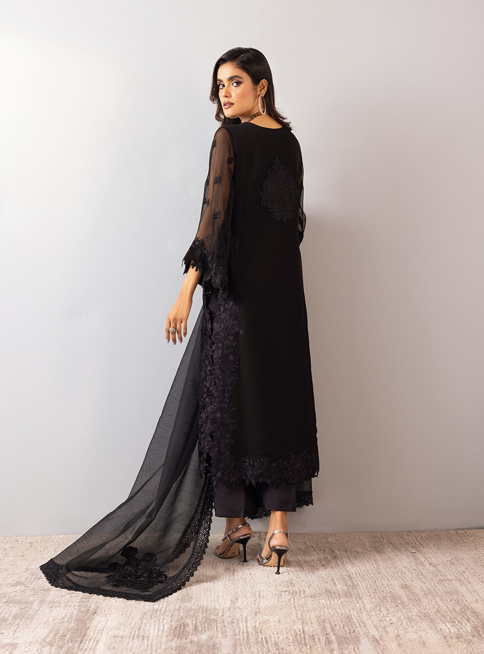 Black Embroidered Chiffon Organza Salwar Kameez (3-Piece) - Image 4