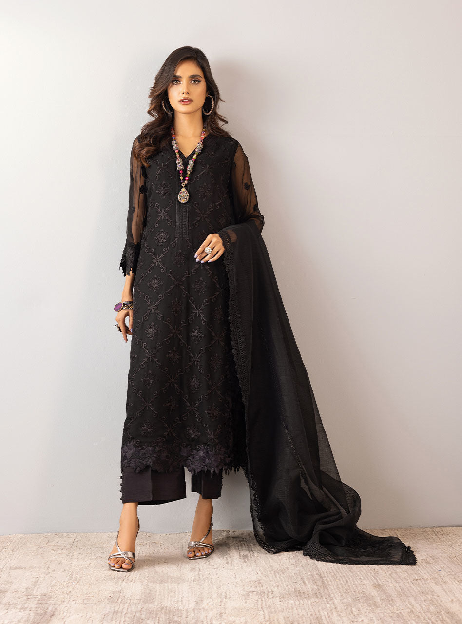 Black Embroidered Chiffon Organza Salwar Kameez (3-Piece) - Image 5