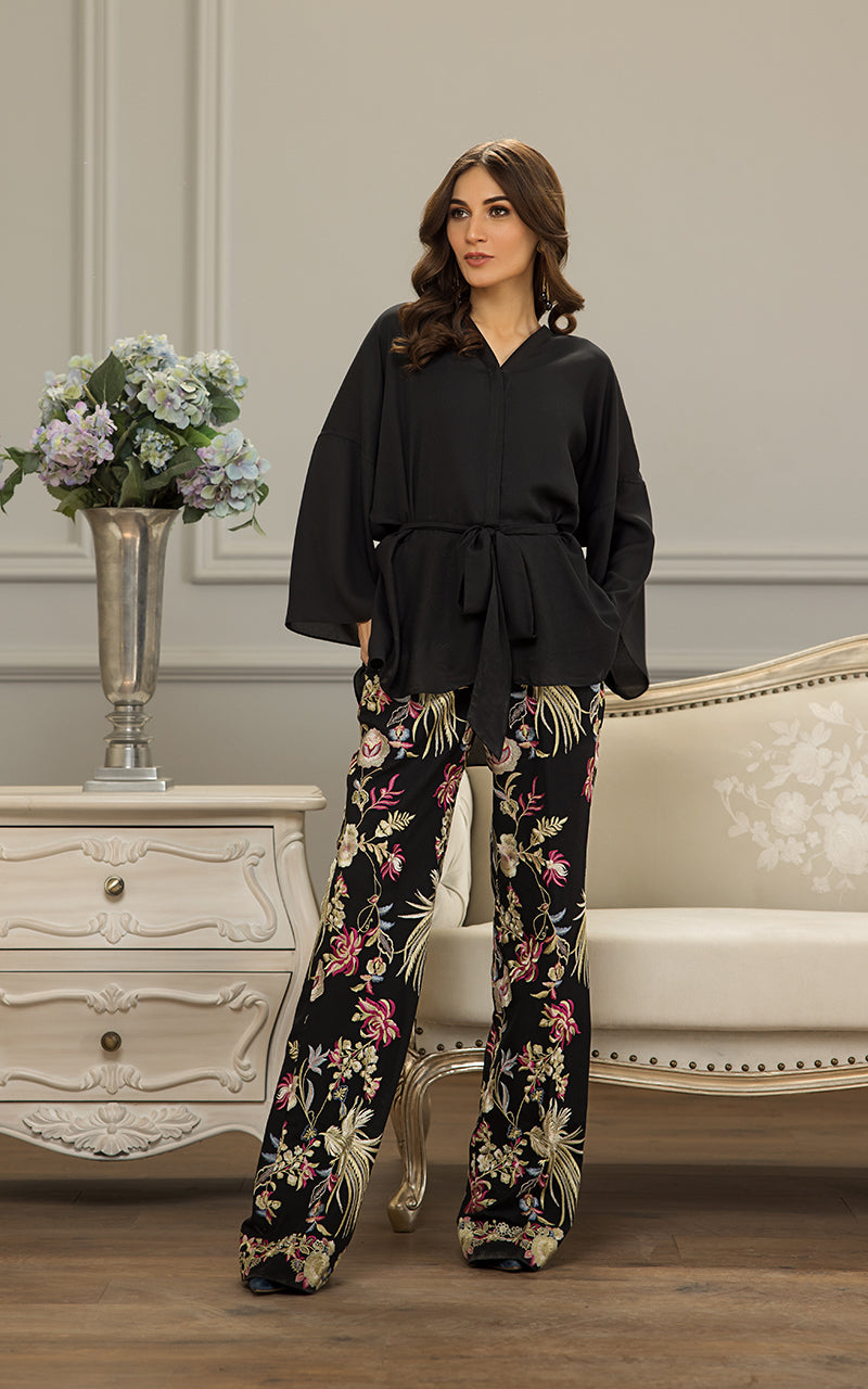 Black Embroidered Chiffon Top & Trouser (2-Piece) - Image 1