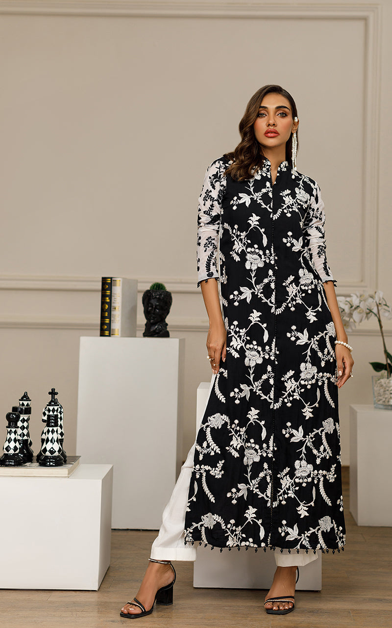 Black & White Embroidered Chiffon Long Shirt (2-Piece) - Image 1