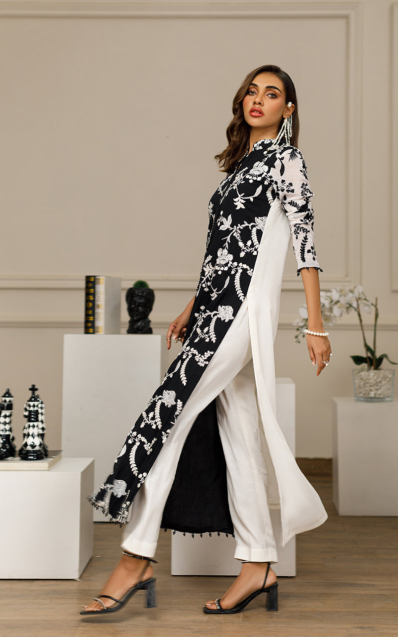 Black & White Embroidered Chiffon Long Shirt (2-Piece) - Image 2