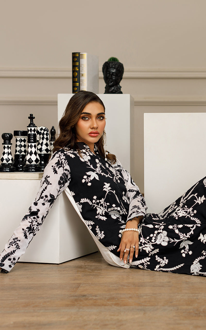 Black & White Embroidered Chiffon Long Shirt (2-Piece) - Image 4
