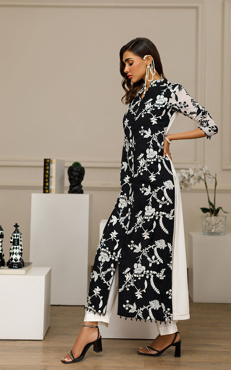 Black & White Embroidered Chiffon Long Shirt (2-Piece) - Image 5