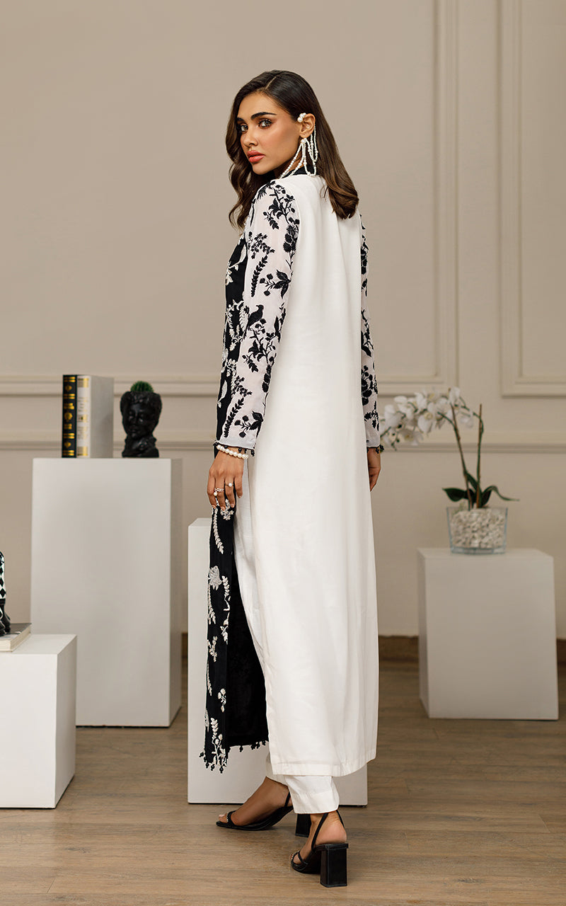 Black & White Embroidered Chiffon Long Shirt (2-Piece) - Image 6