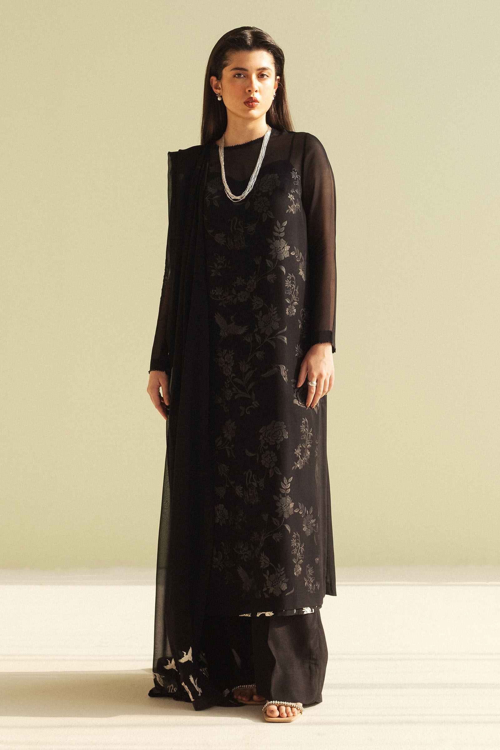 Pakistani Black Gara Embroidered Chiffon Georgette Salwar Kameez (3-Piece) - Image 1