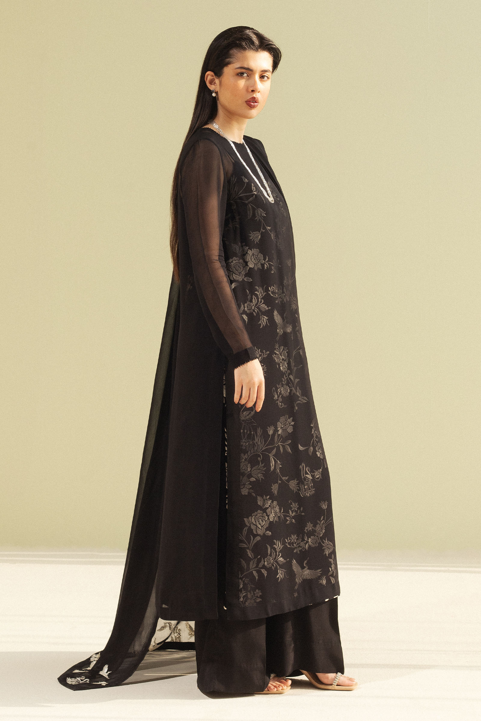 Pakistani Black Gara Embroidered Chiffon Georgette Salwar Kameez (3-Piece) - Image 3