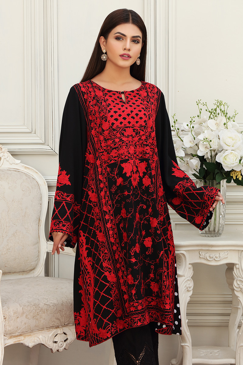Pakistani Black Kashmiri Embroidered Chiffon Georgette Salwar Kameez (2-Piece) - Image 2