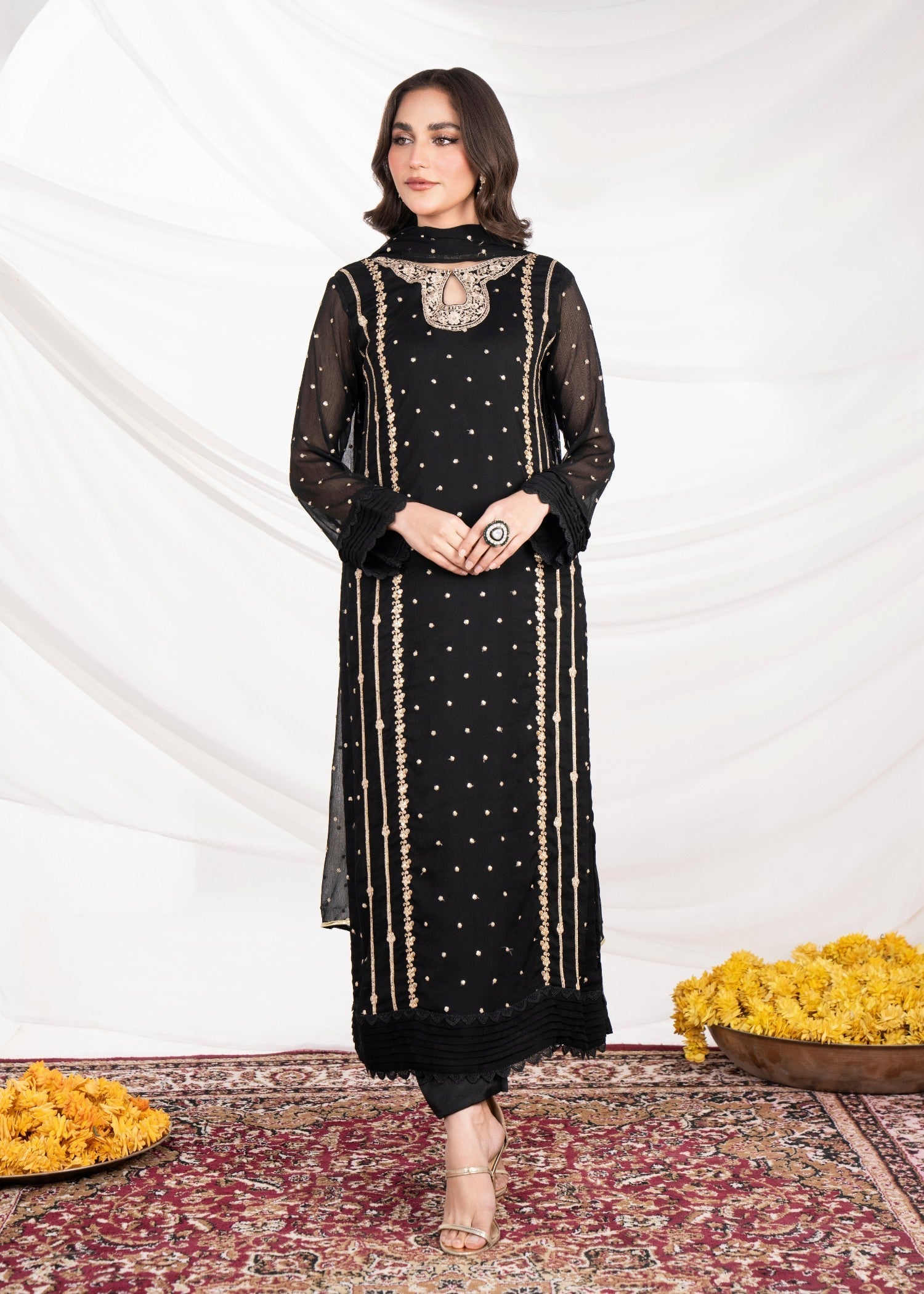 Pakistani Black Embroidered Chiffon Long Kurta Set (3-Piece) - Image 1