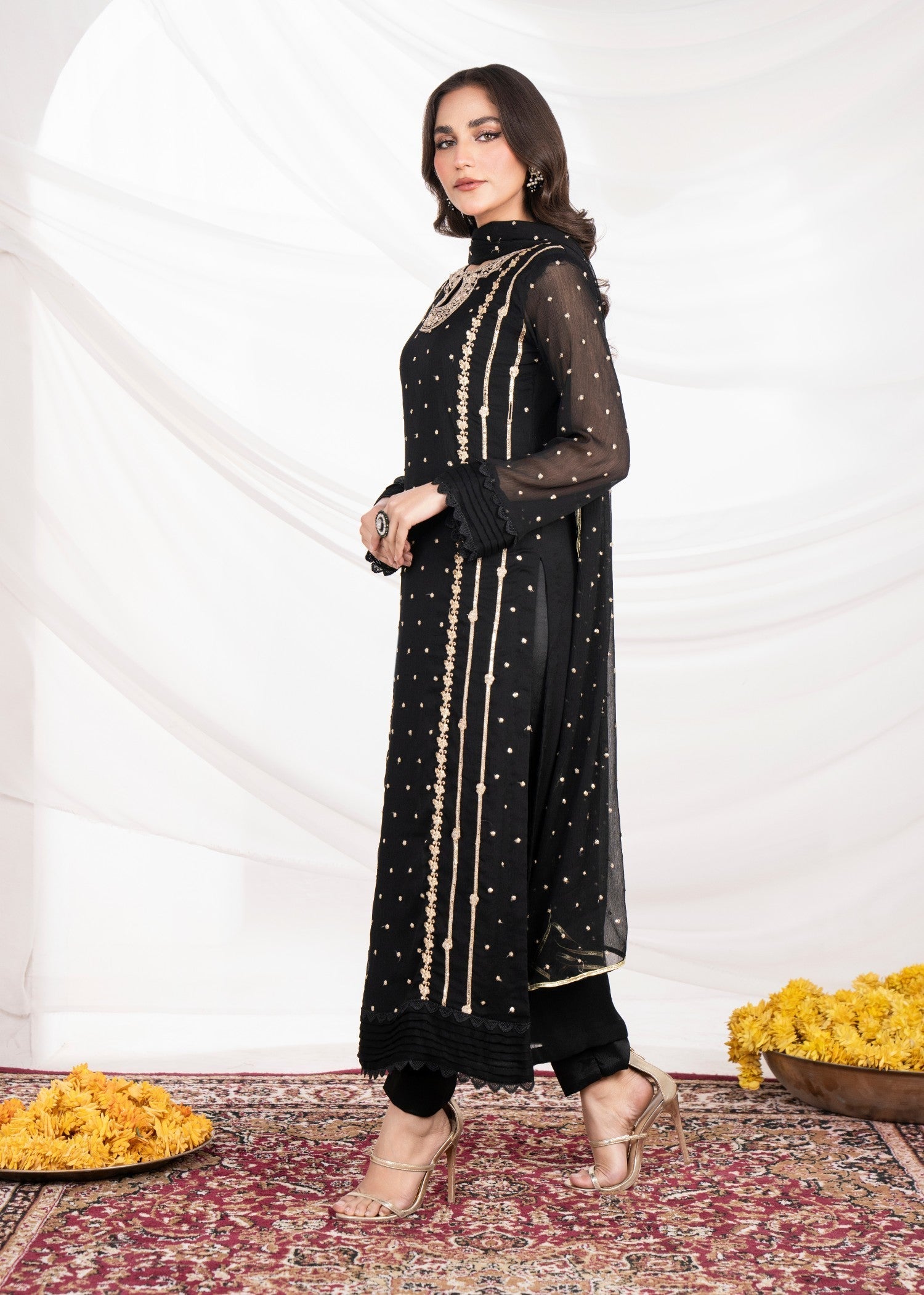 Pakistani Black Embroidered Chiffon Long Kurta Set (3-Piece) - Image 2