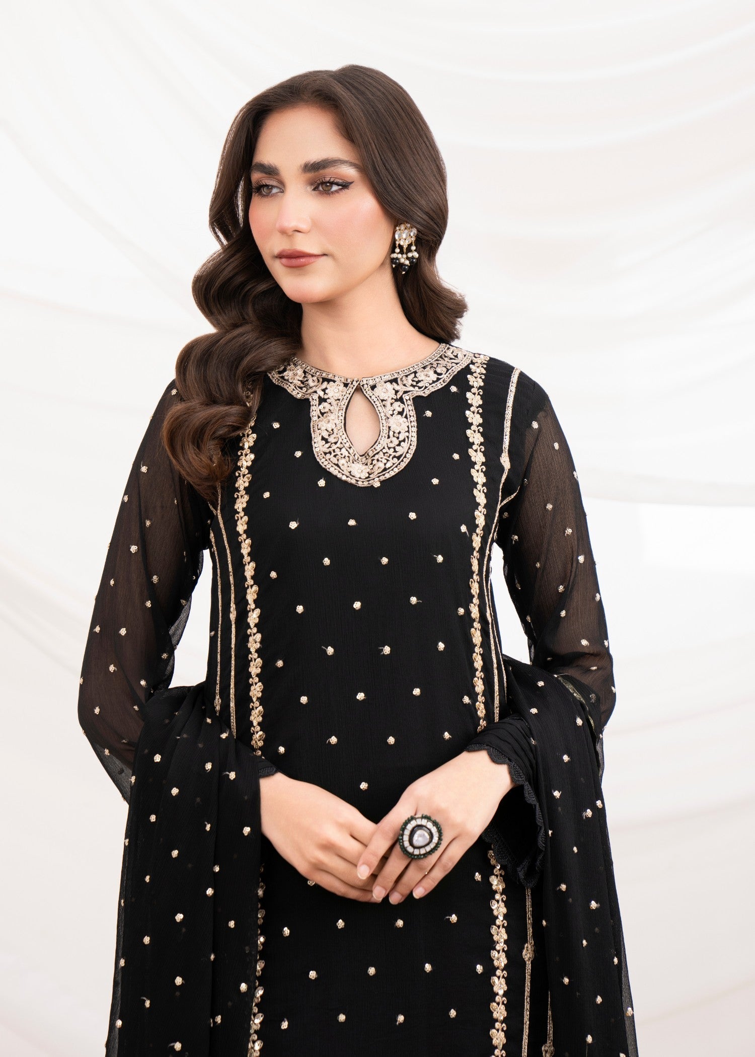Pakistani Black Embroidered Chiffon Long Kurta Set (3-Piece) - Image 5