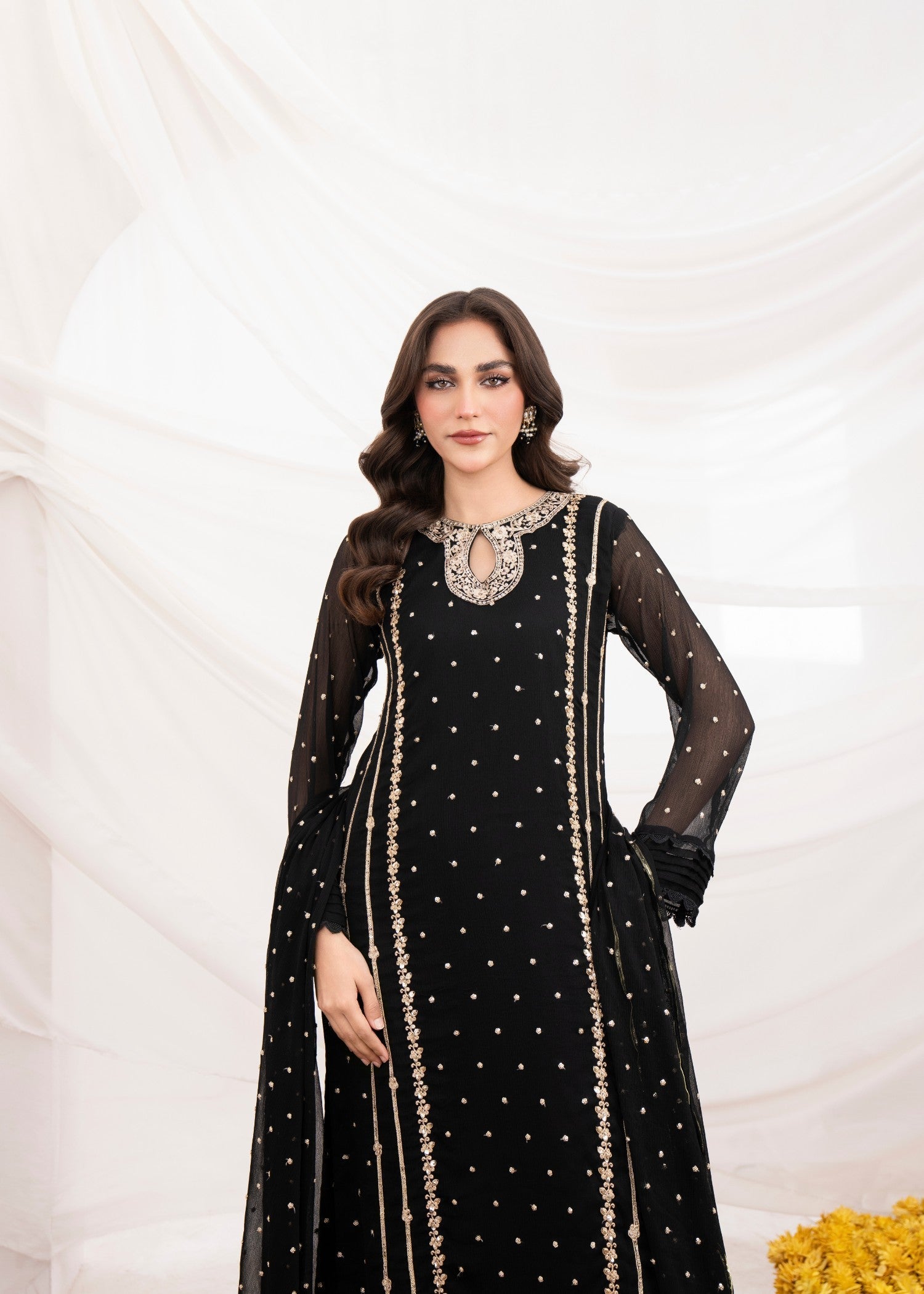 Pakistani Black Embroidered Chiffon Long Kurta Set (3-Piece) - Image 6