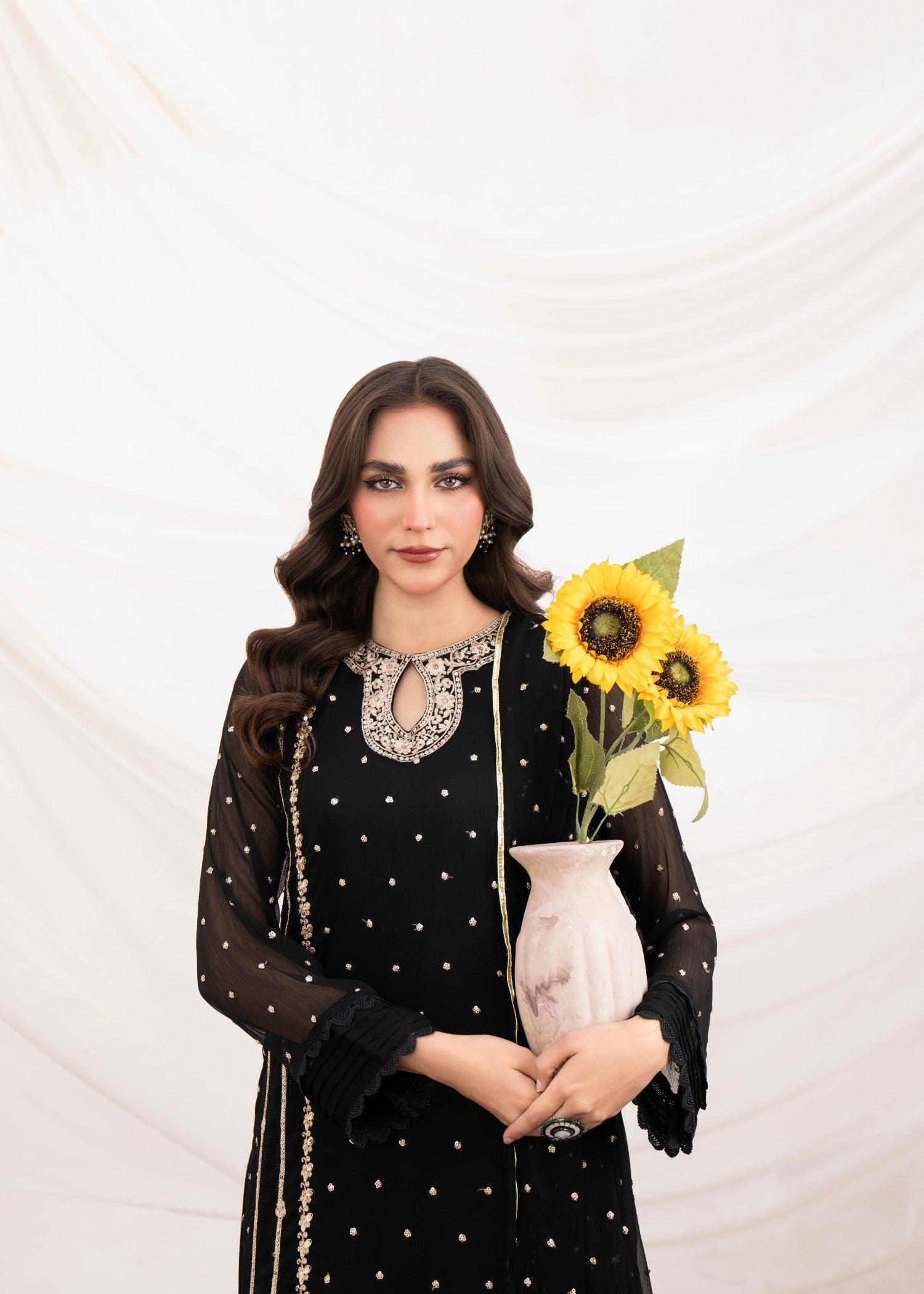 Pakistani Black Embroidered Chiffon Long Kurta Set (3-Piece) - Image 7