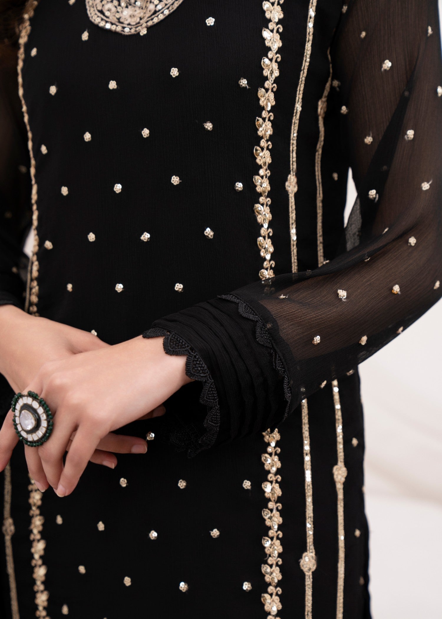 Pakistani Black Embroidered Chiffon Long Kurta Set (3-Piece) - Image 8