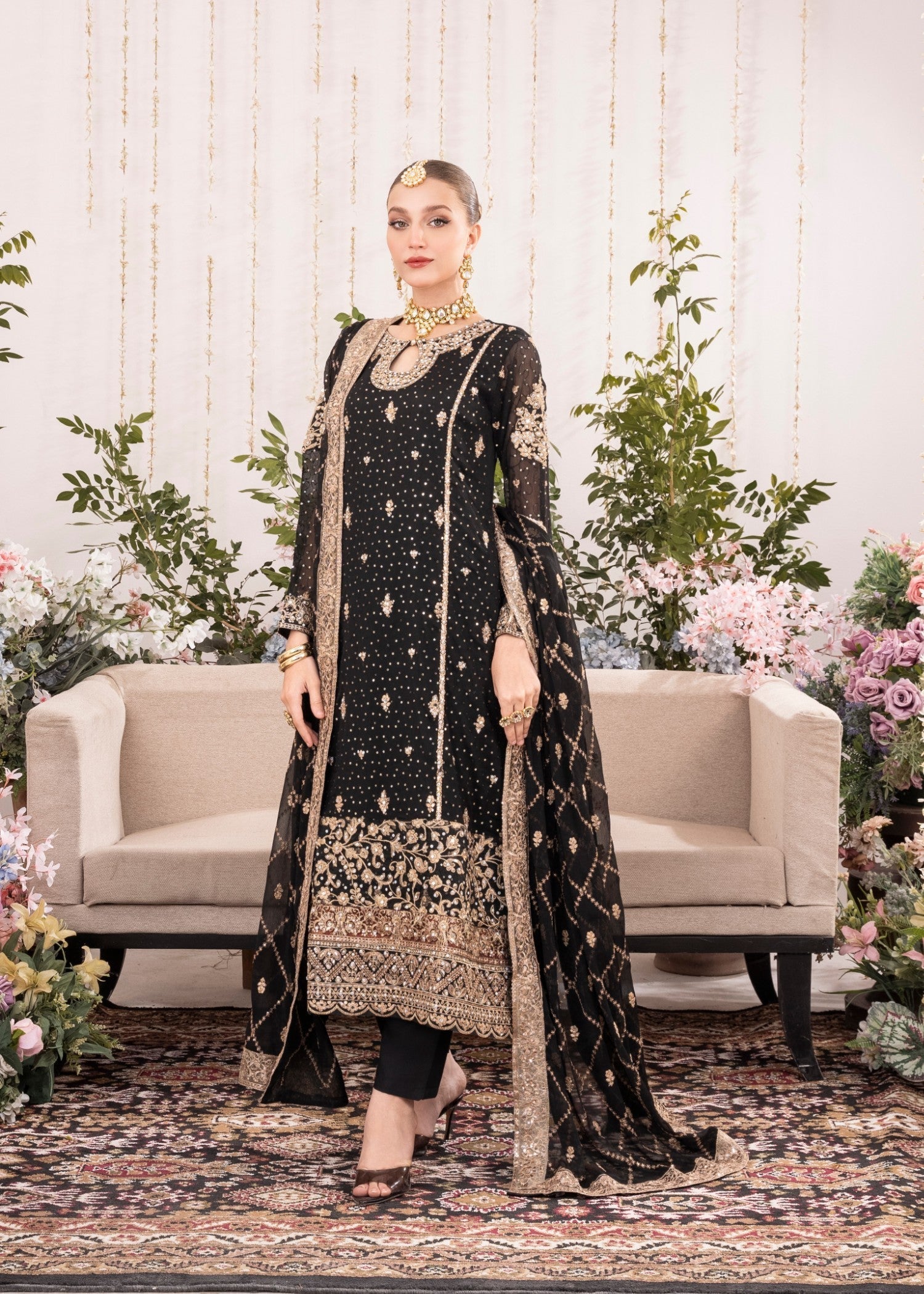 Pakistani Black Embroidered Chiffon Kurta Set (3-Piece) - Image 1