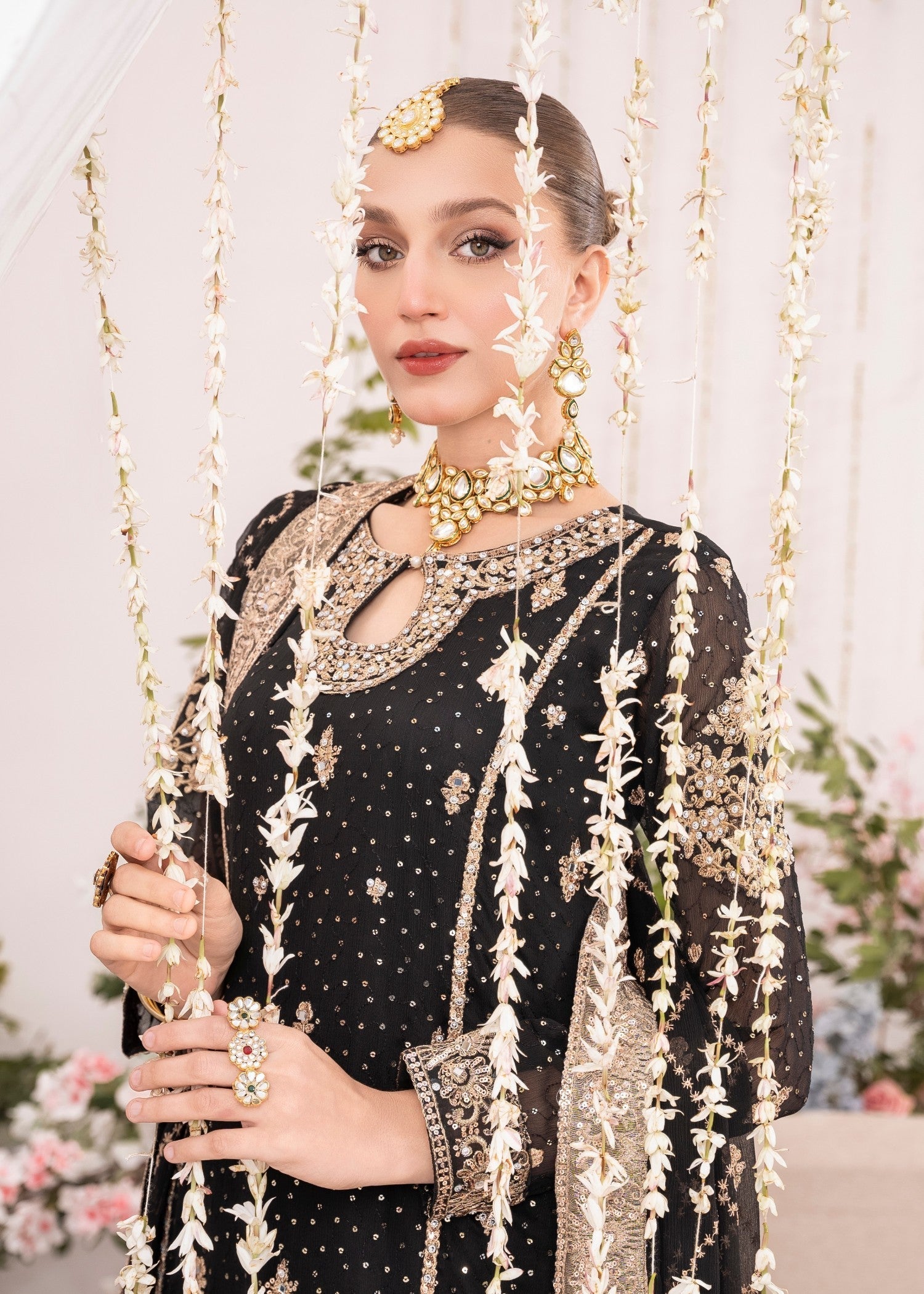 Pakistani Black Embroidered Chiffon Kurta Set (3-Piece) - Image 3