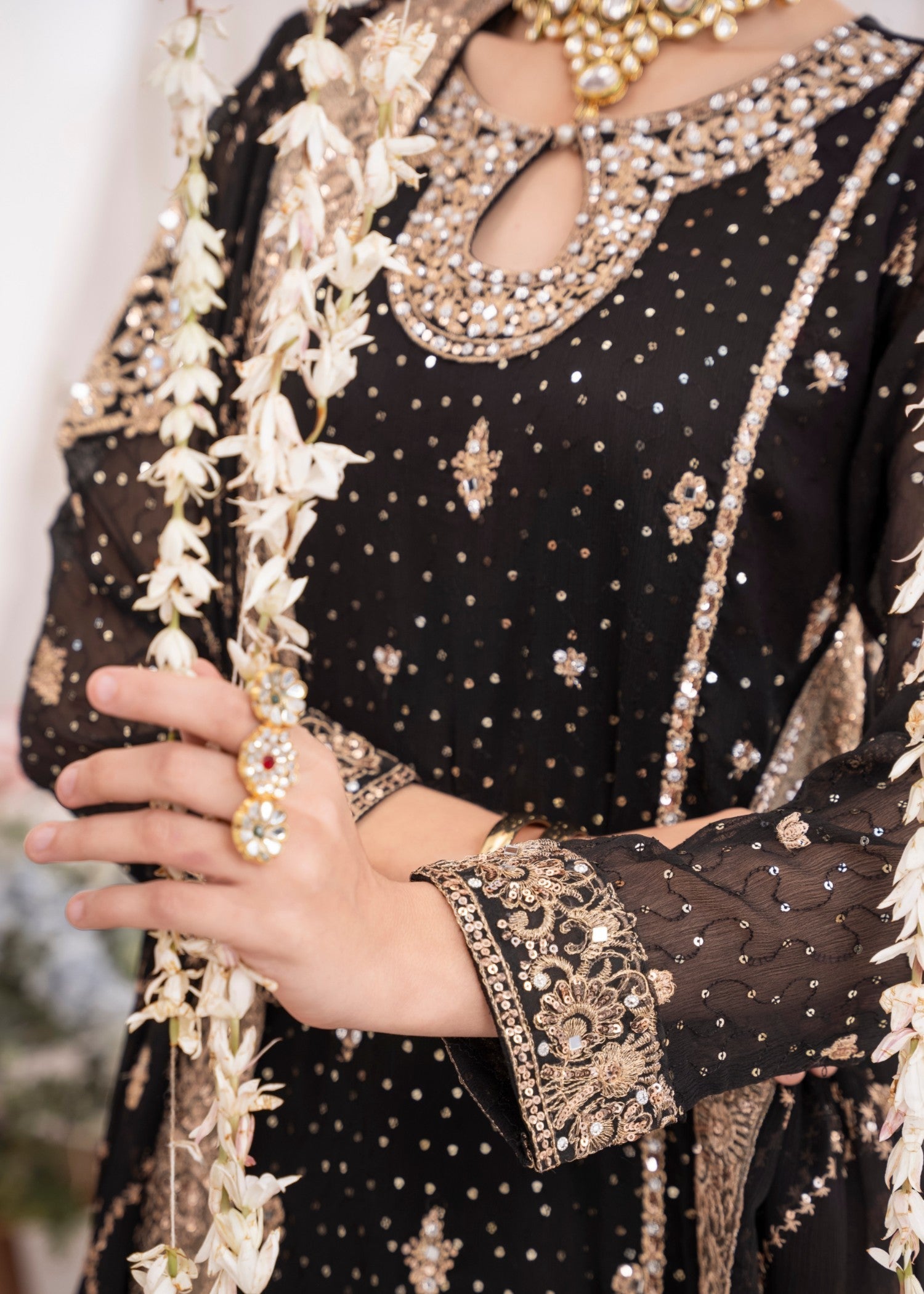 Pakistani Black Embroidered Chiffon Kurta Set (3-Piece) - Image 6