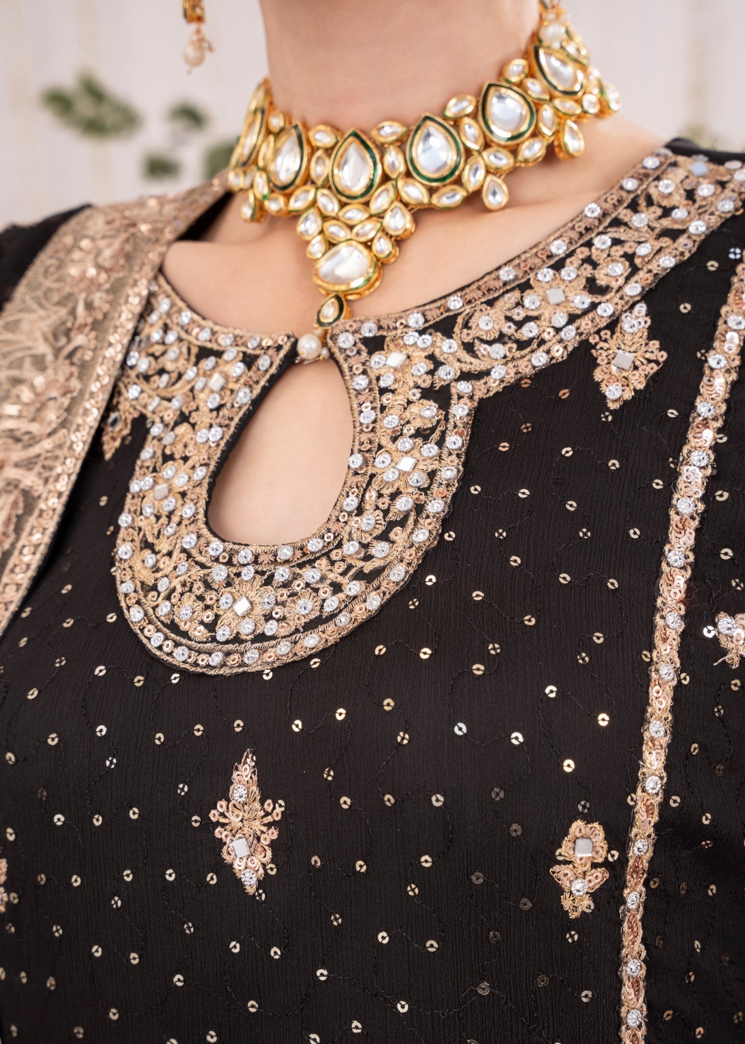 Pakistani Black Embroidered Chiffon Kurta Set (3-Piece) - Image 7