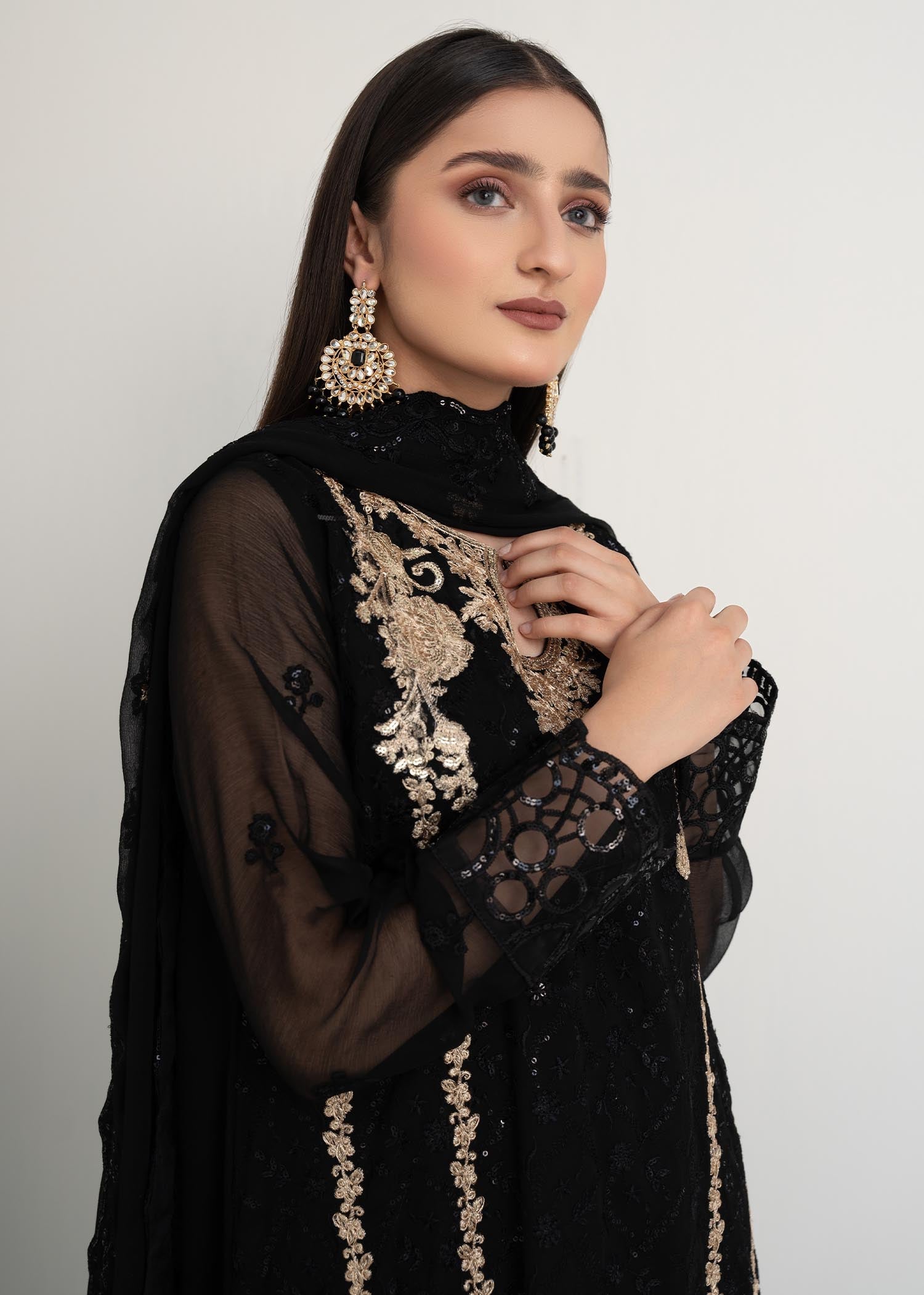 Pakistani Black Embroidered Chiffon 3-Piece Suit - Image 2