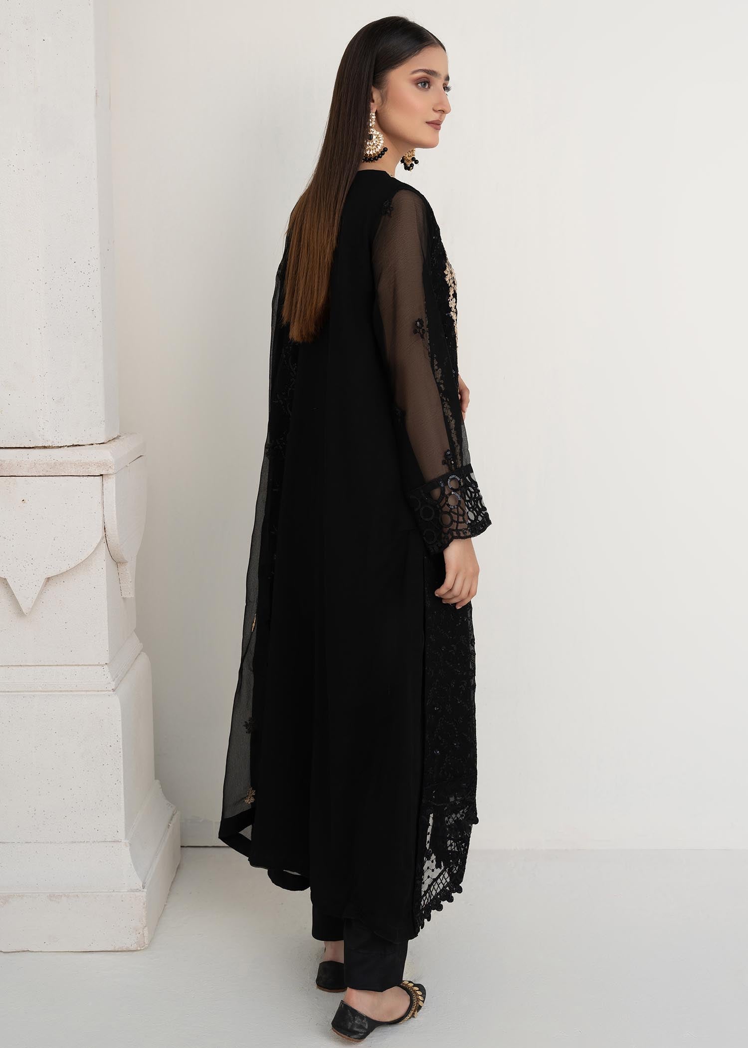 Pakistani Black Embroidered Chiffon 3-Piece Suit - Image 3