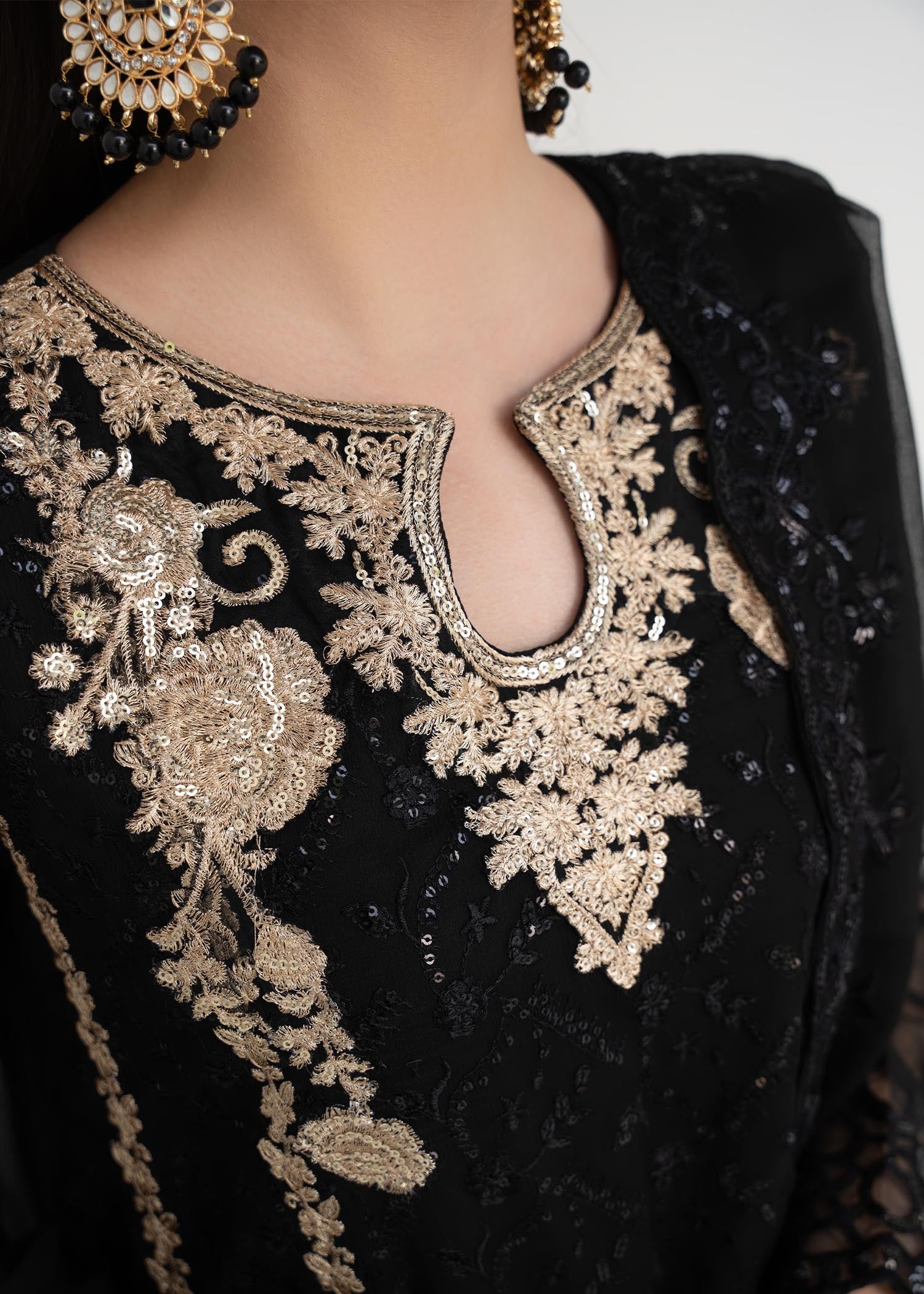 Pakistani Black Embroidered Chiffon 3-Piece Suit - Image 4