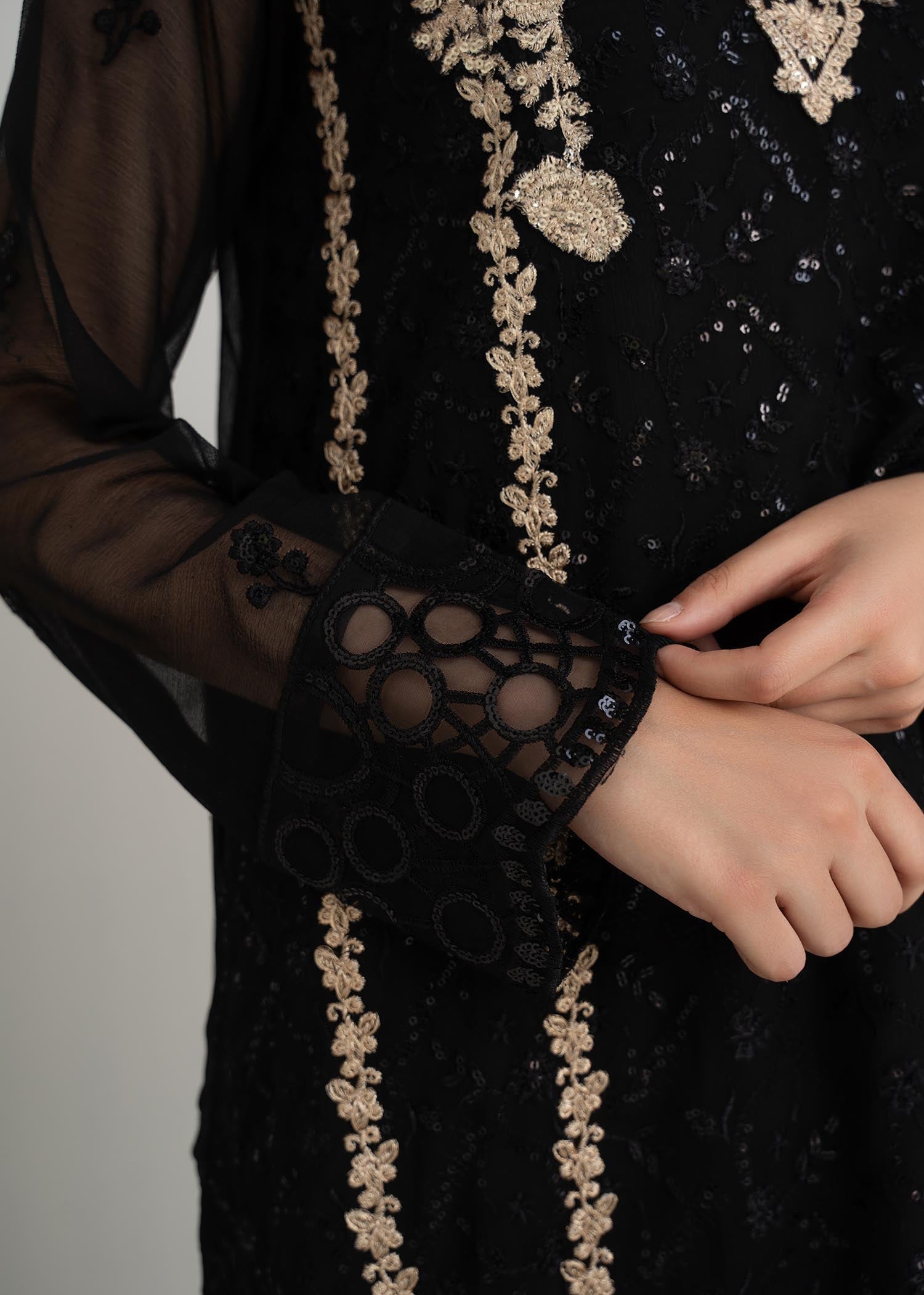 Pakistani Black Embroidered Chiffon 3-Piece Suit - Image 6