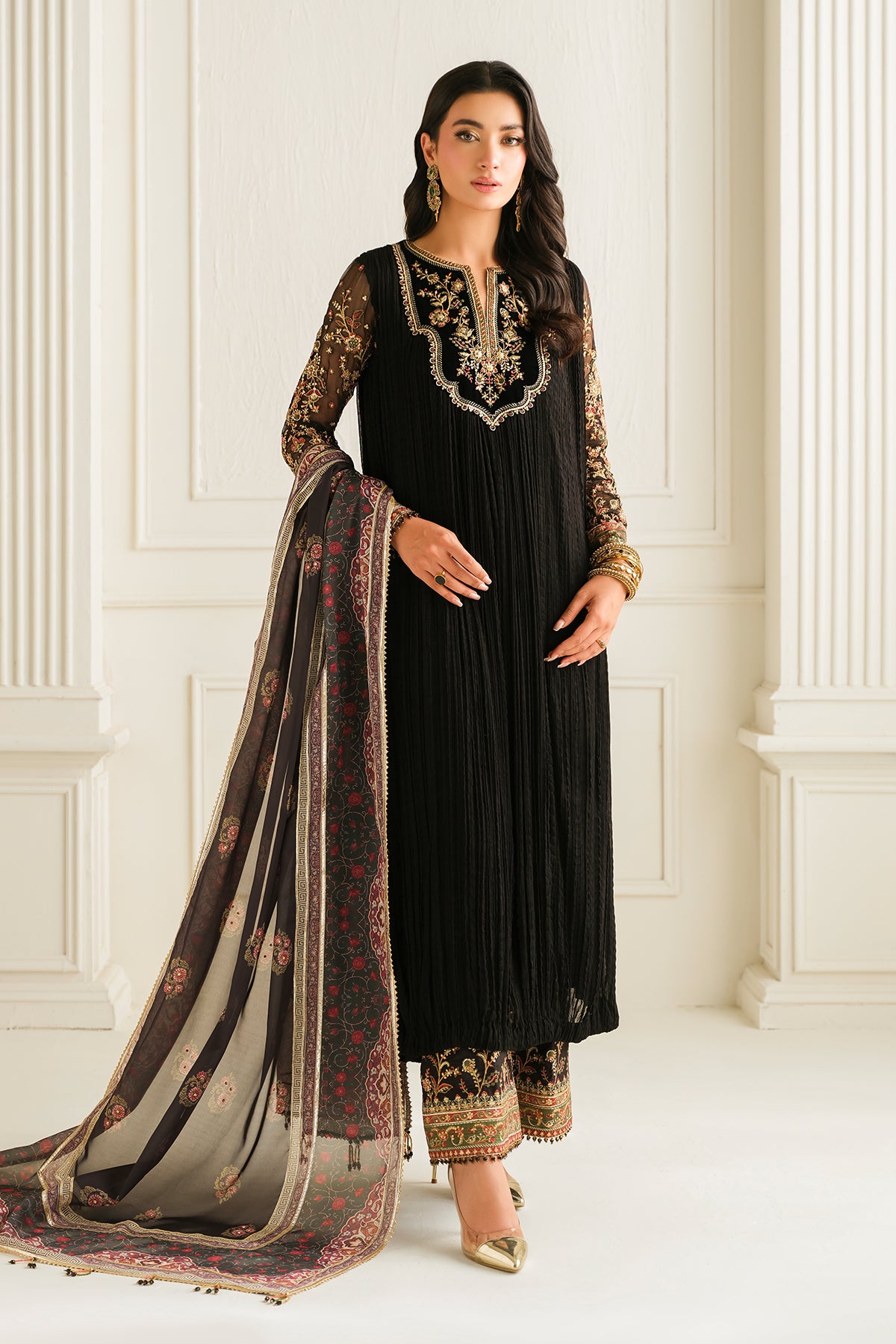 Pakistani Black Embroidered Crushed Chiffon 3-Piece Suit - Image 1
