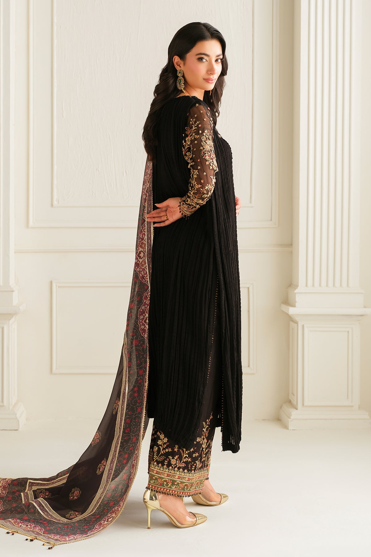 Pakistani Black Embroidered Crushed Chiffon 3-Piece Suit - Image 2