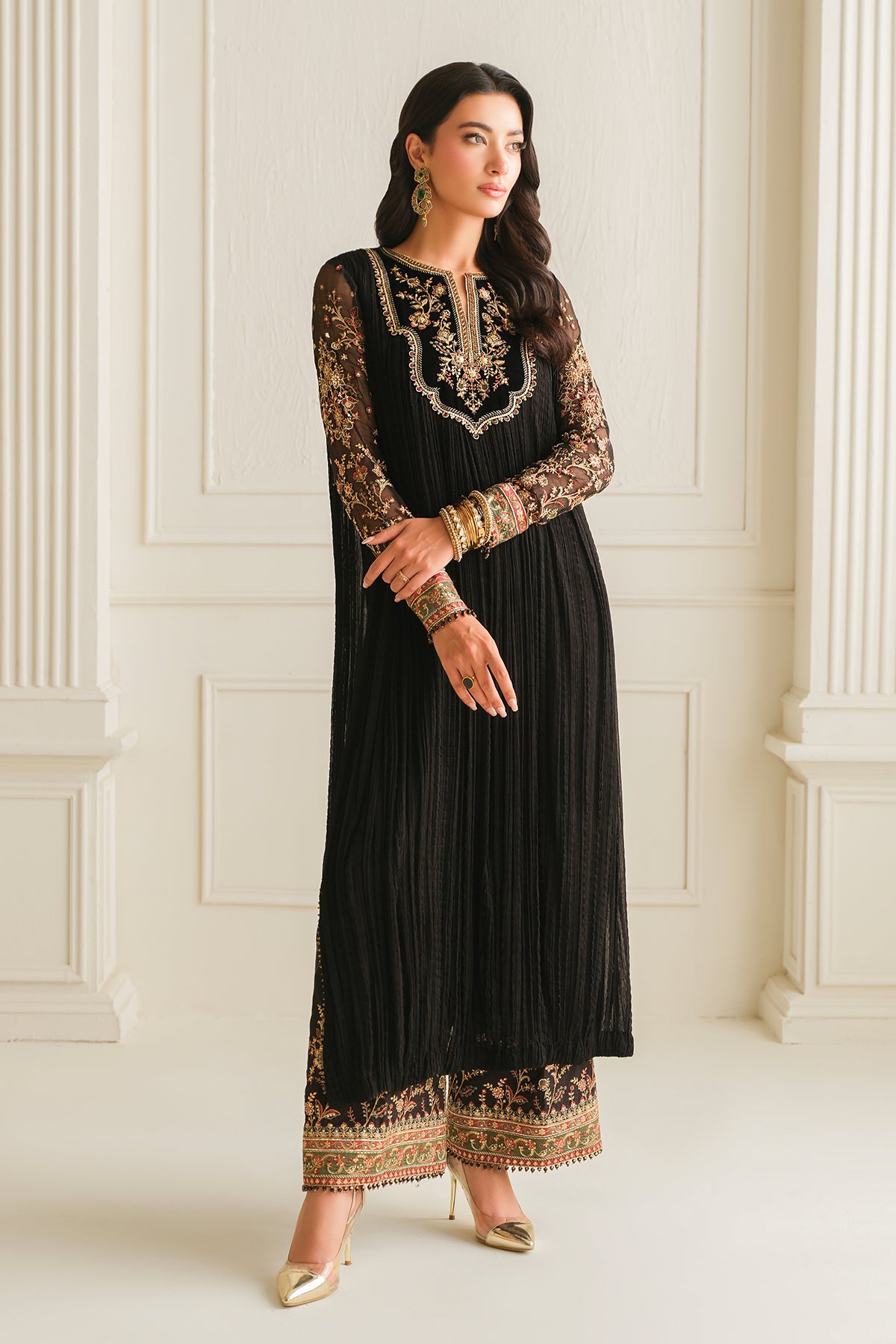 Pakistani Black Embroidered Crushed Chiffon 3-Piece Suit - Image 3