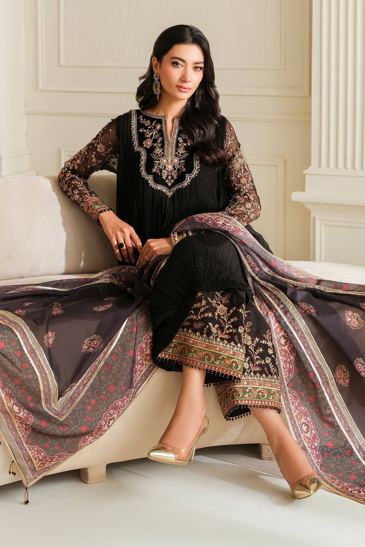 Pakistani Black Embroidered Crushed Chiffon 3-Piece Suit - Image 4