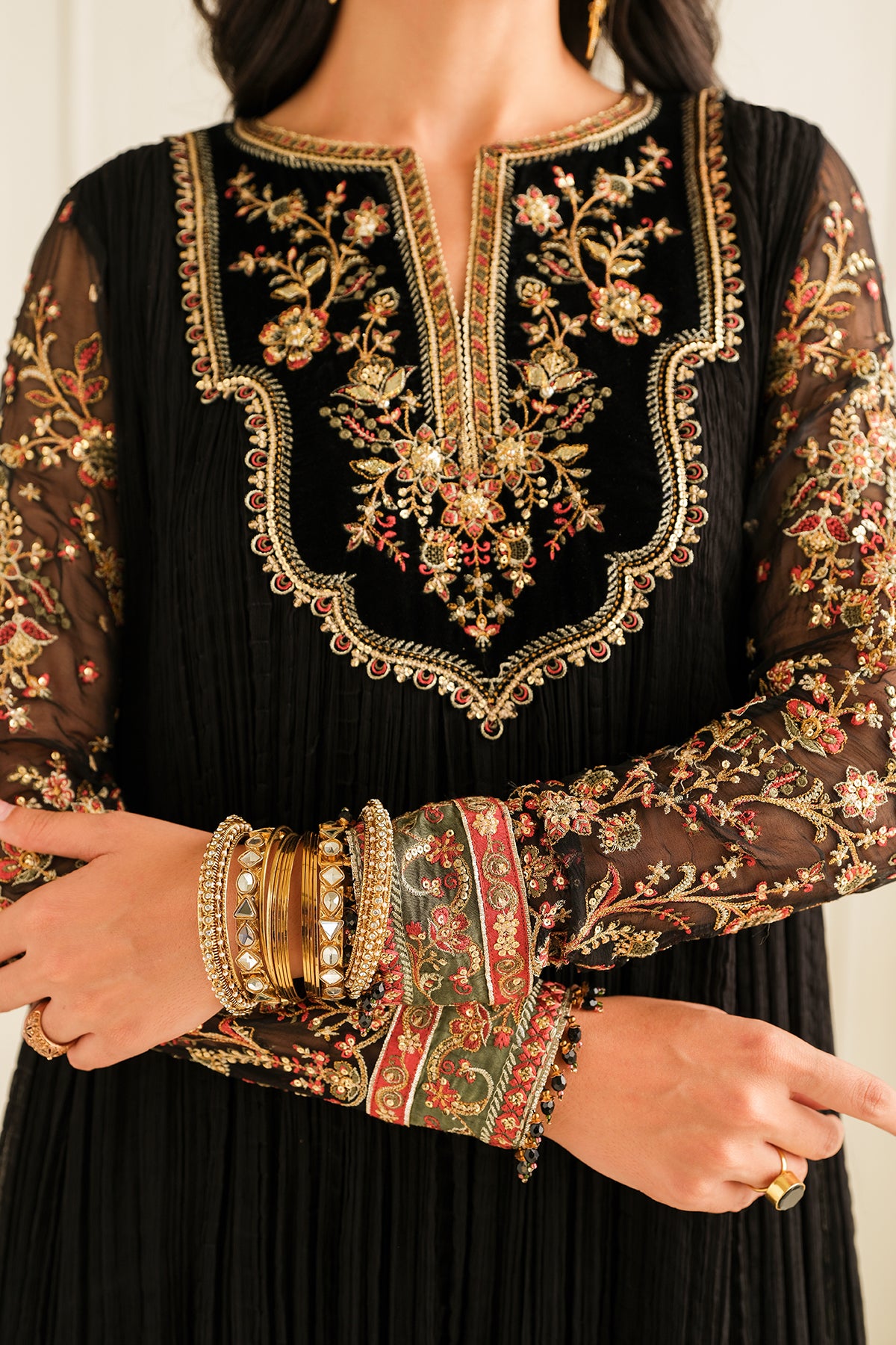Pakistani Black Embroidered Crushed Chiffon 3-Piece Suit - Image 5