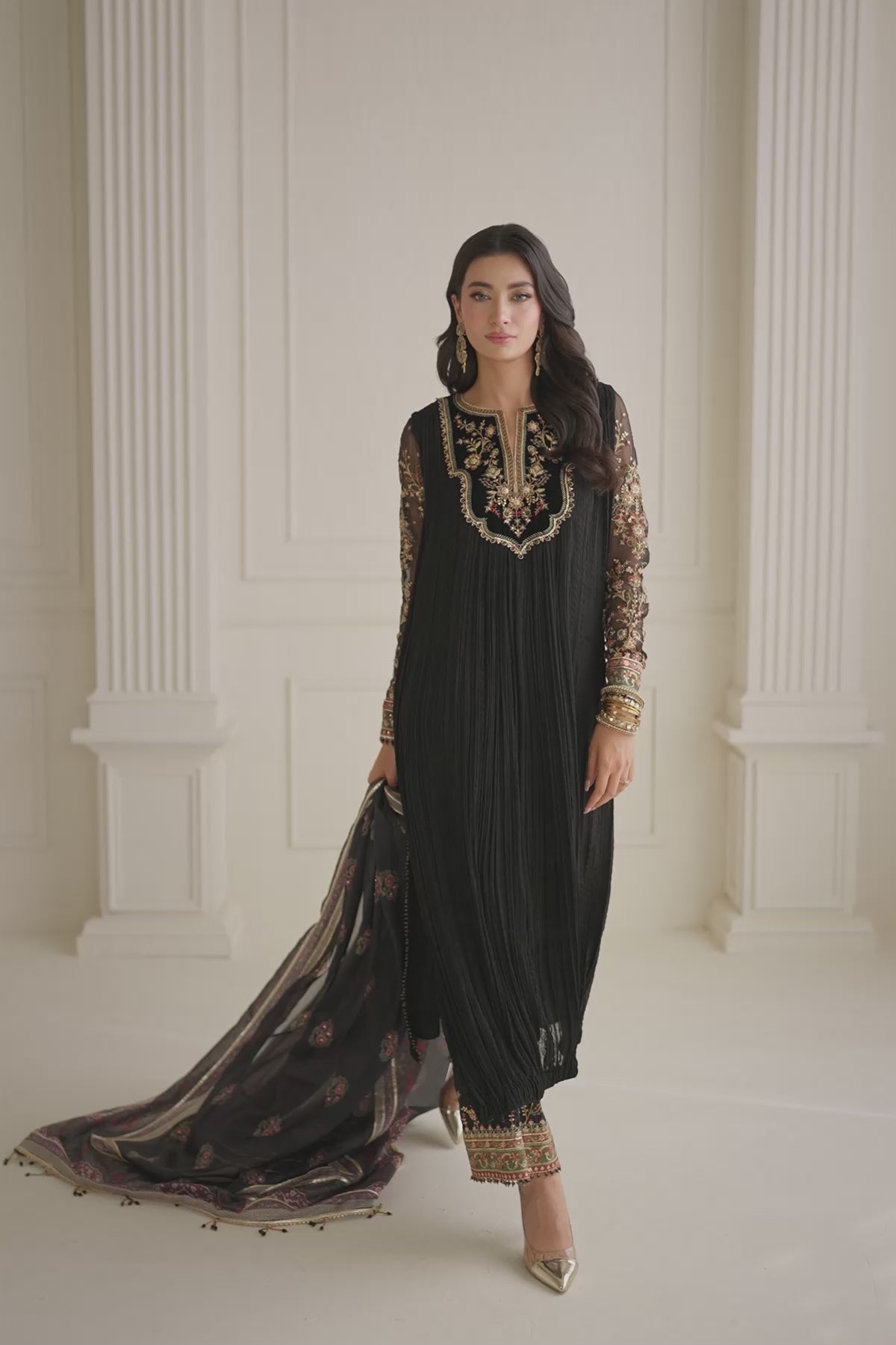 Pakistani Black Embroidered Crushed Chiffon 3-Piece Suit - Image 7