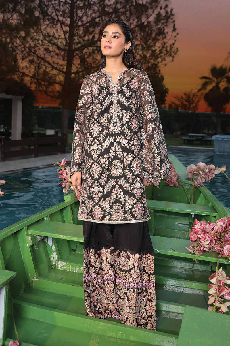 Black Embellished Chiffon Jacquard Salwar Kameez (2-Piece) - Image 1