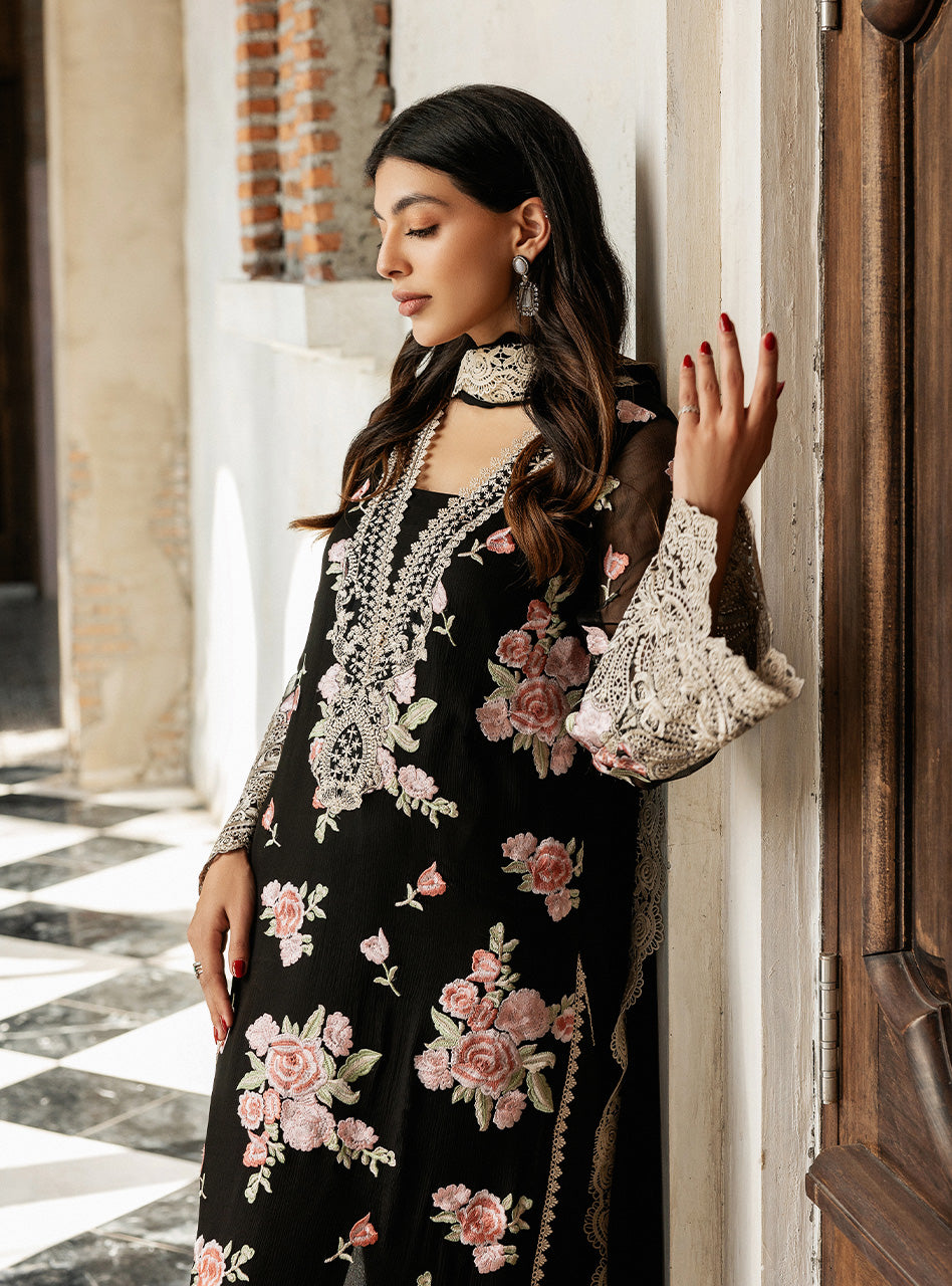 Black Floral Embroidered Chiffon Salwar Kameez (3-Piece) - Image 2