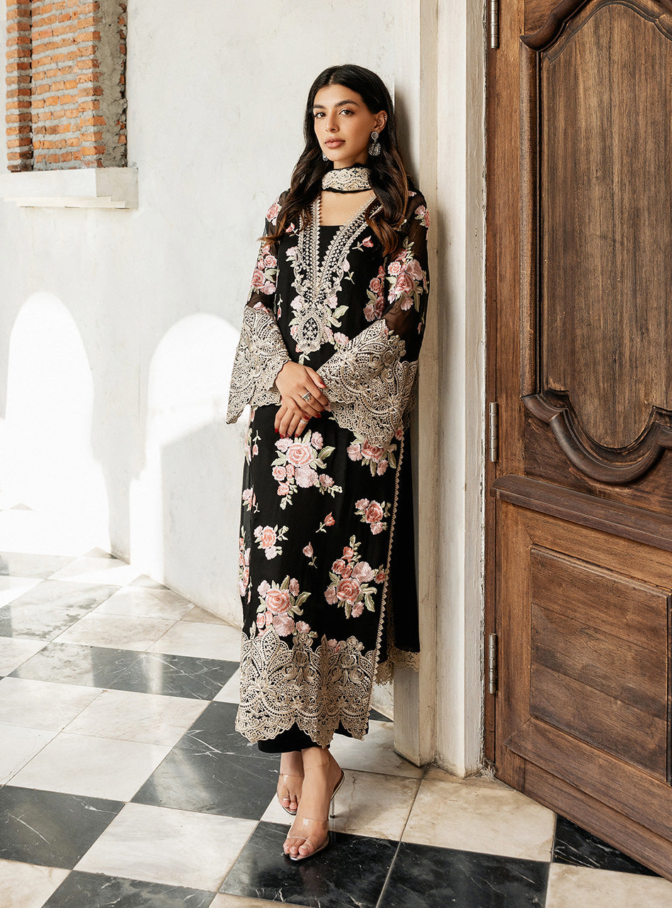 Black Floral Embroidered Chiffon Salwar Kameez (3-Piece) - Image 6
